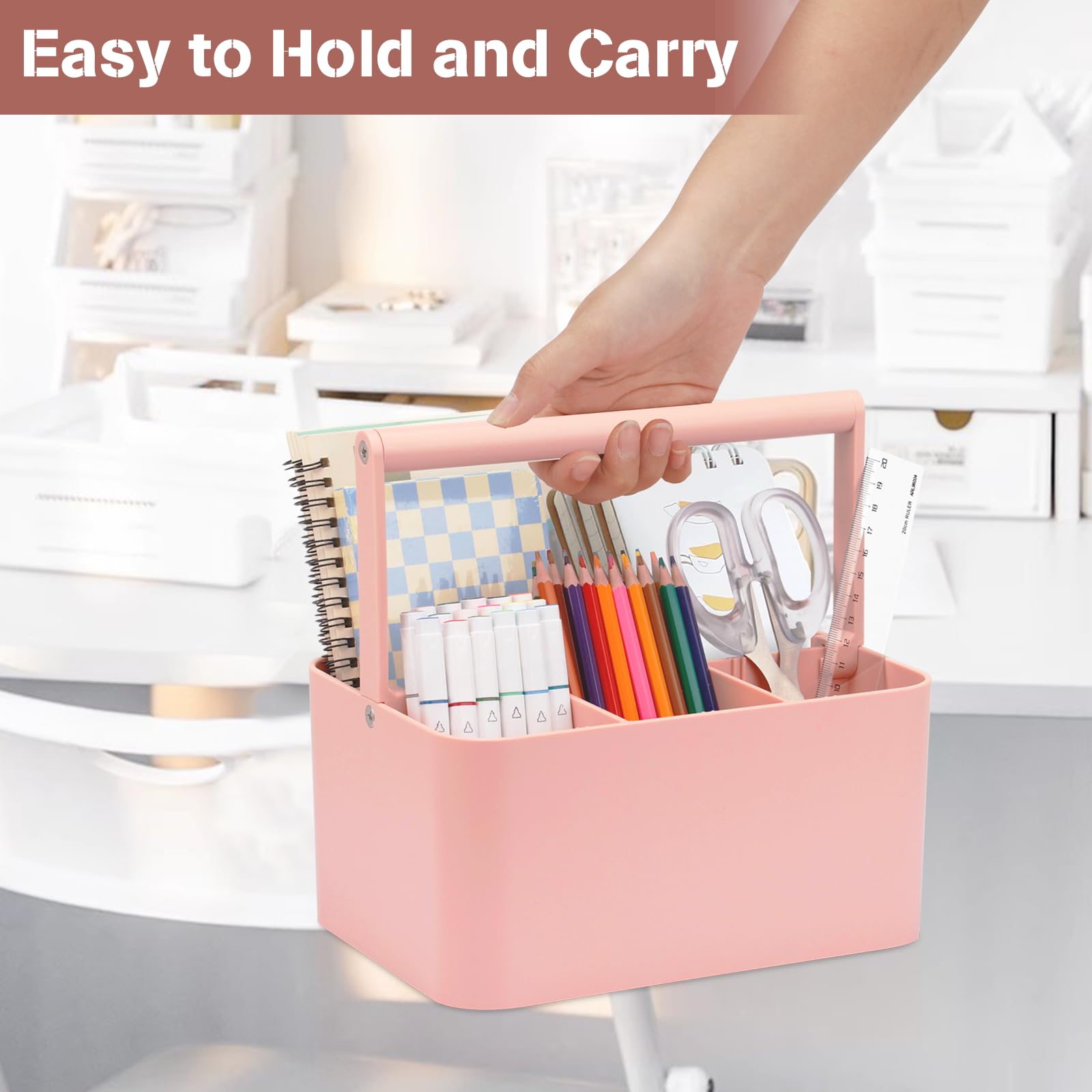 Multipurpose Caddy Organizer with Handle & Adjustable Divider - Portable Storage for Art Supplies, Crafts, Office, Bathroom & Makeup | Ideal for Dorm, Classroom, Cleaning & Shower Organization (Pink)
