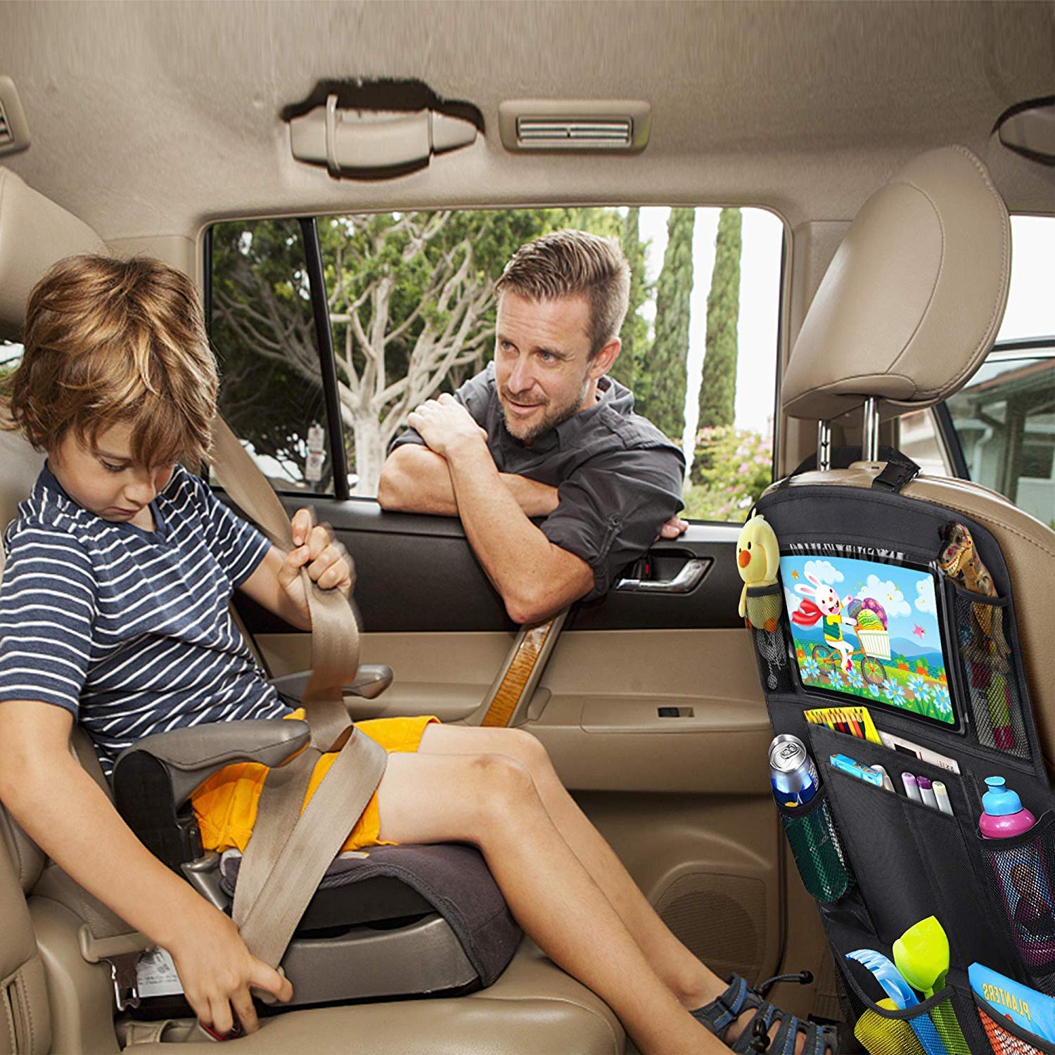 UBANTE Car Backseat Organizer with Touch Screen Tablet Holder - 9 Storage Pockets & Kick Mats - Car Seat Back Protector for Kids & Toddlers - Travel Accessories for Road Trips & Family Vacations (2 Pack)