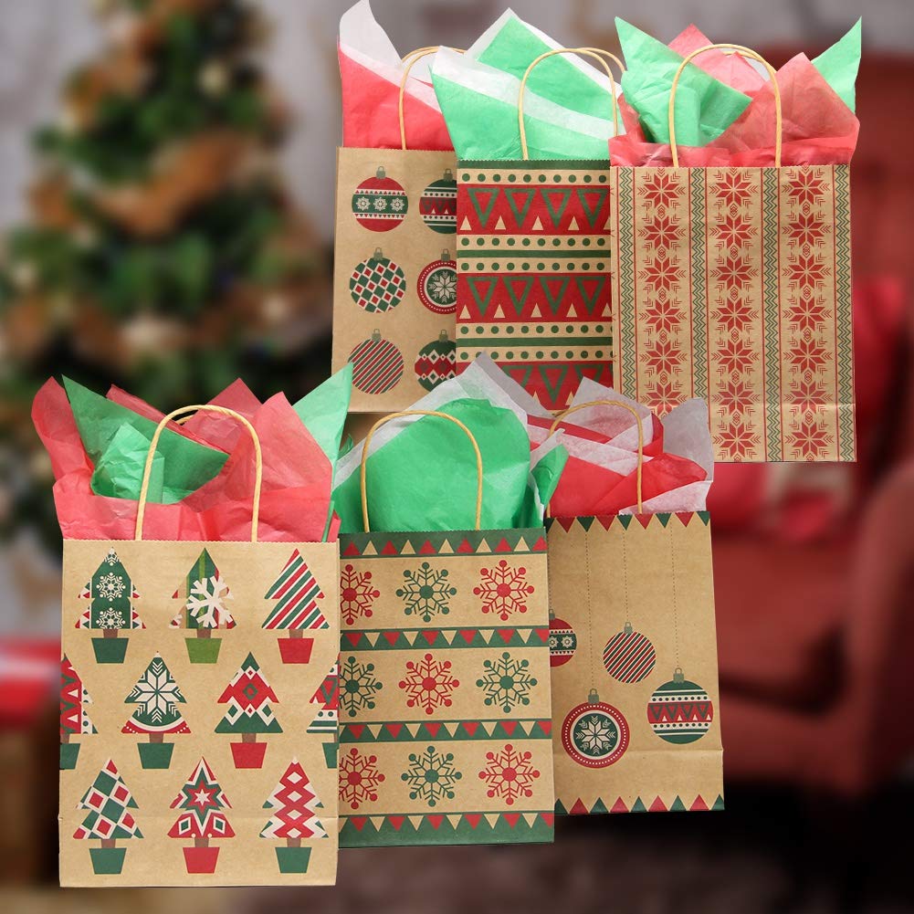 Lulu Home 24-Piece Medium Christmas Gift Bags with Handles - Eco-Friendly Kraft Paper Holiday Present Bags for Christmas Party Favors, Stocking Stuffers & Gift Exchanges