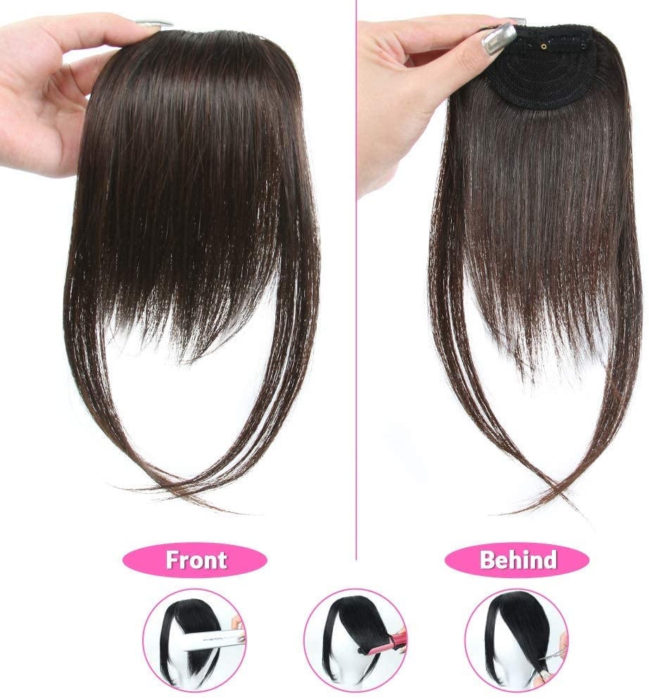 Dsoar Clip-in Bangs for Women - Thick Real Human Hair Side Bangs, Natural Straight Fringe Hair Extensions (Dark Brown, with Temples) - Perfect for Daily Wear, Cosplay & Hairstyle Transformations