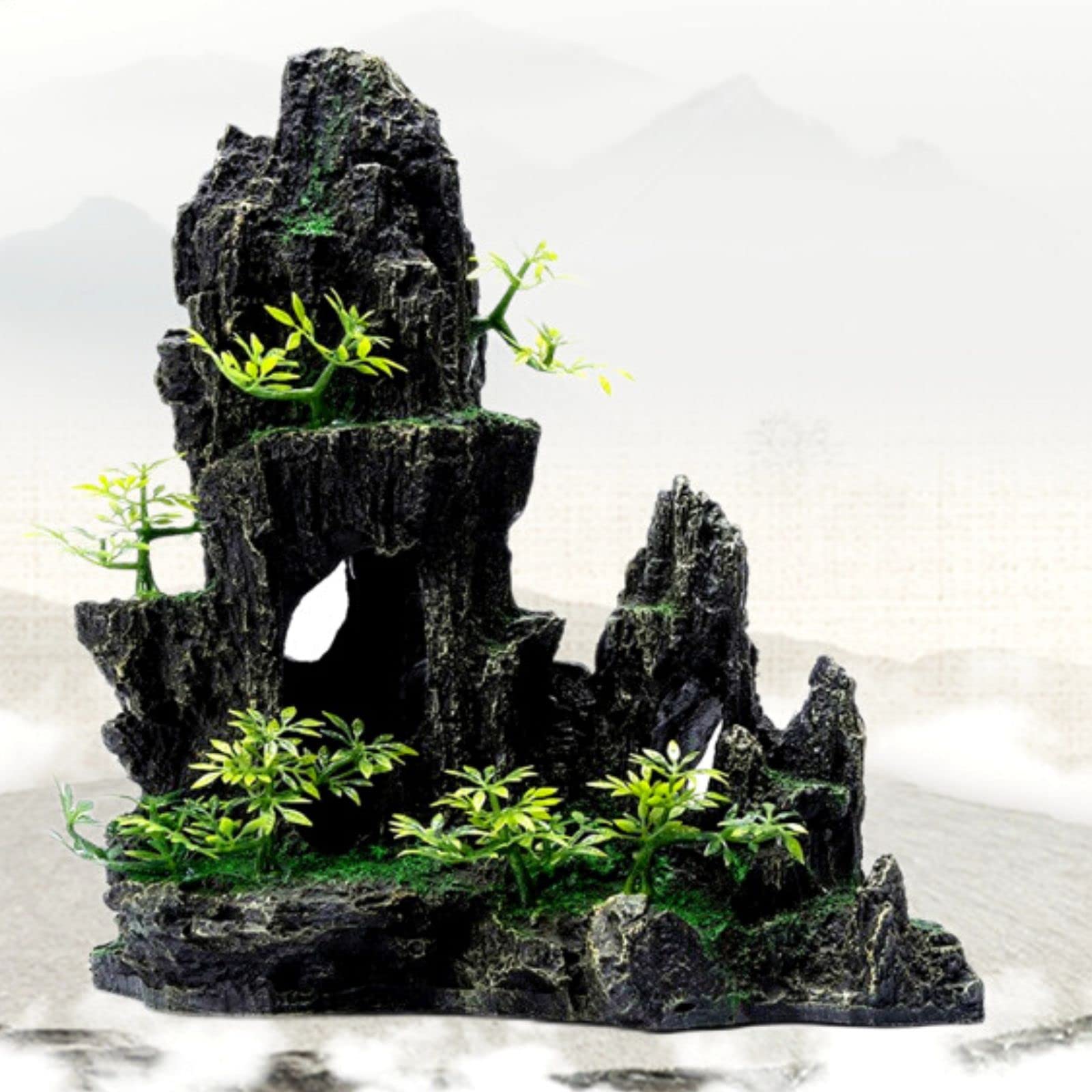 Large & Tall Aquarium Mountain View Stone Decor - 11 Inch Resin Rock Cave Ornament with Plants for Fish Tank Aquascaping | Perfect for Betta Fish, Goldfish & Tropical Aquariums