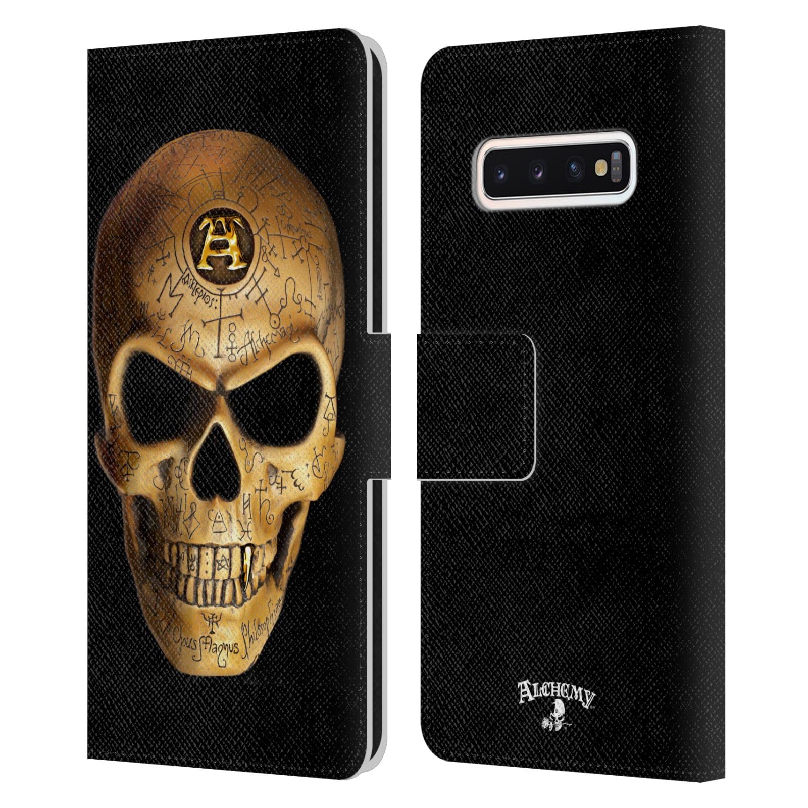 Alchemy Gothic Omega Skull Leather Book Wallet Case Cover for Samsung Galaxy S10 - Officially Licensed by Head Case Designs, Perfect for Gothic Style Protection and Everyday Use