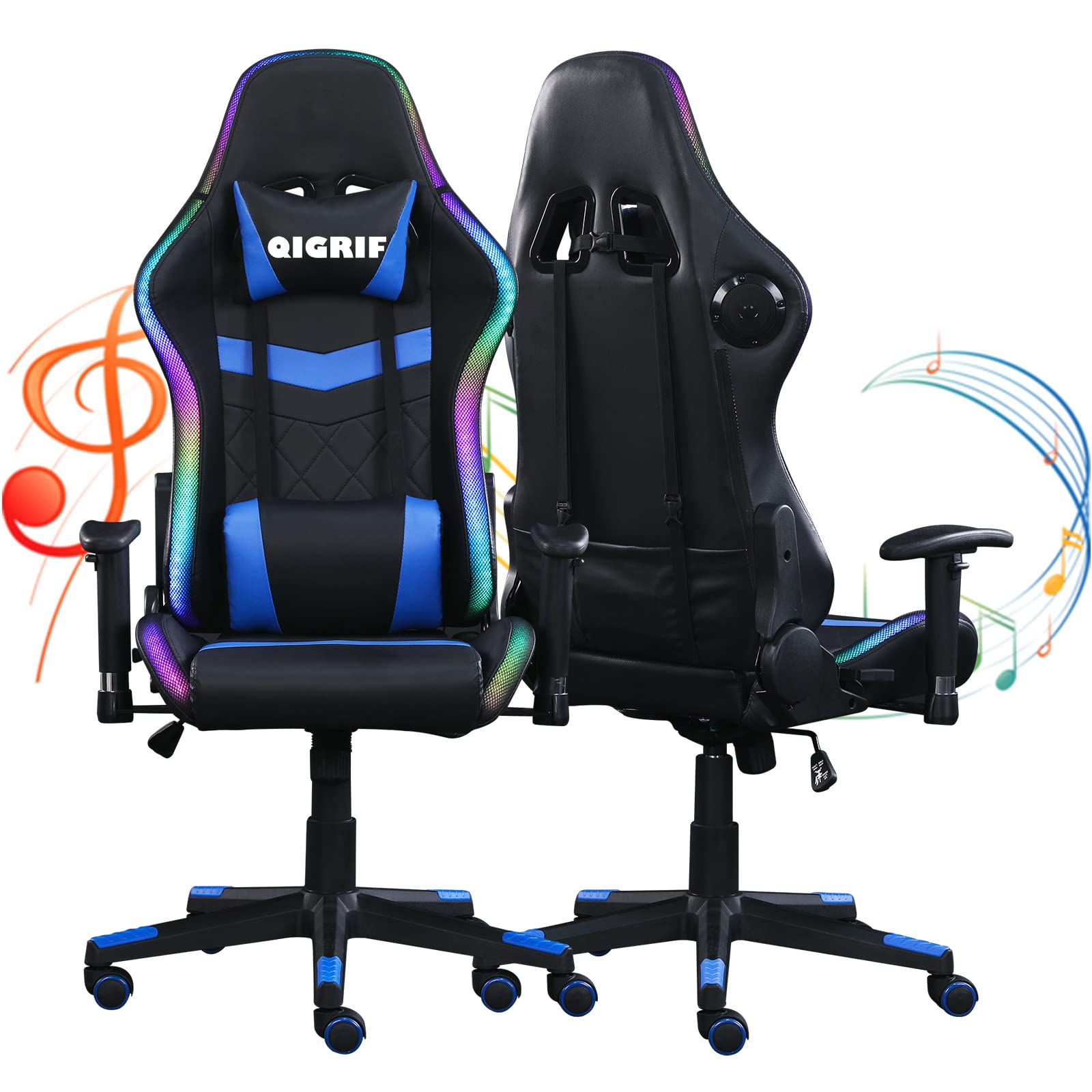 RGB Gaming Chair with Bluetooth Speakers & LED Lights - Ergonomic Computer Desk Chair for Adults - Perfect for Gaming, Office Work & Home Entertainment (LED+Blue)