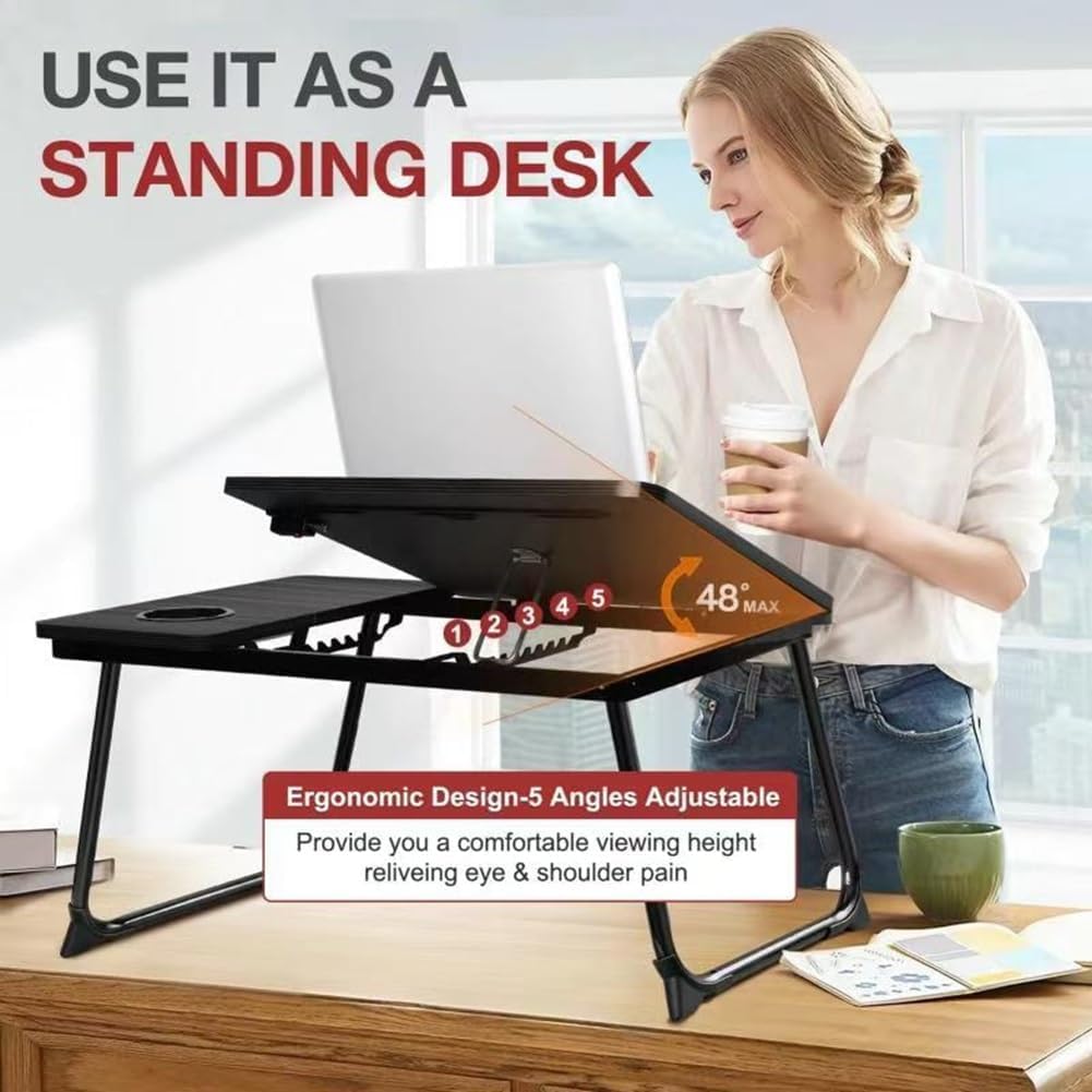 Adjustable Laptop Desk for Bed & Couch - Foldable Portable Lap Desk with Cup Holder, Breakfast Tray & Bed Table for Writing, Eating, Working - Perfect for Home Office, Dorm Room & Sofa Use (Black)