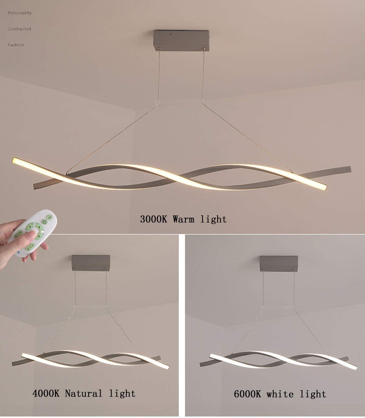Dimmable LED Pendant Light with Remote Control - Modern Spiral Design Hanging Chandelier for Kitchen Island, Dining Room, Living Room & Office (100cm, Gray) | Perfect for Home Decor & Restaurant Lighting