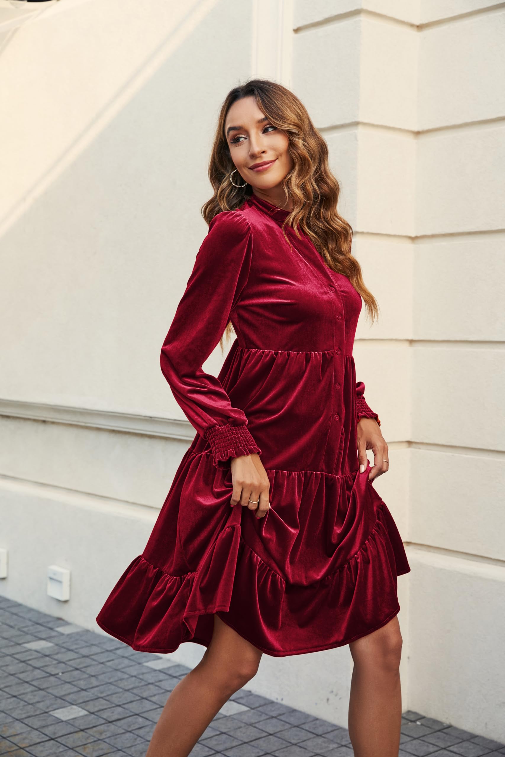 CYLADY Women's 2024 Spring Velvet Ruffle V-Neck Long Sleeve Flowy Swing Dress - Elegant Casual Tunic Shift Dress for Work, Date Night & Special Occasions