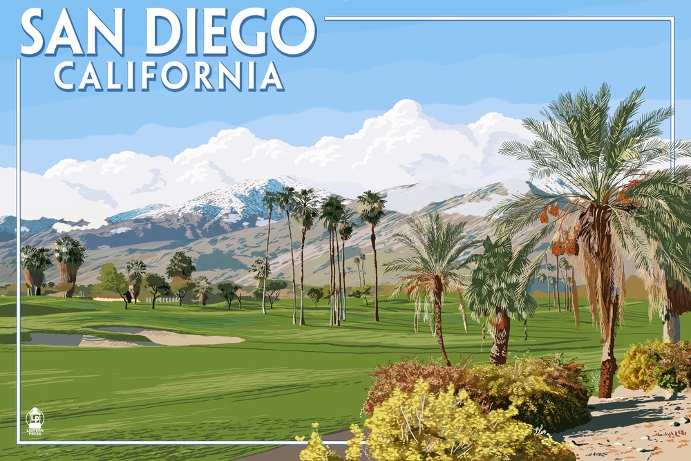 San Diego California Golf Course Landscape Art Print - 24x36 Signed Wall Decor Poster for Home, Office & Man Cave