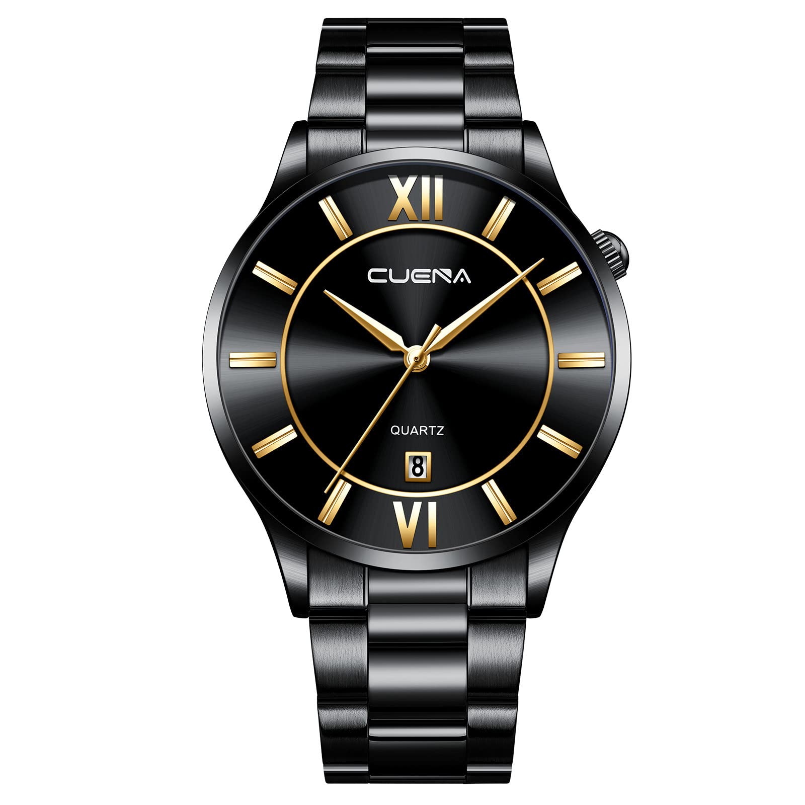 CUENA Men's Business Stainless Steel Analog Watch with Date, Alarm, and Waterproof Design - Perfect for Office, Sports, and Outdoor Activities (Black, One Size)