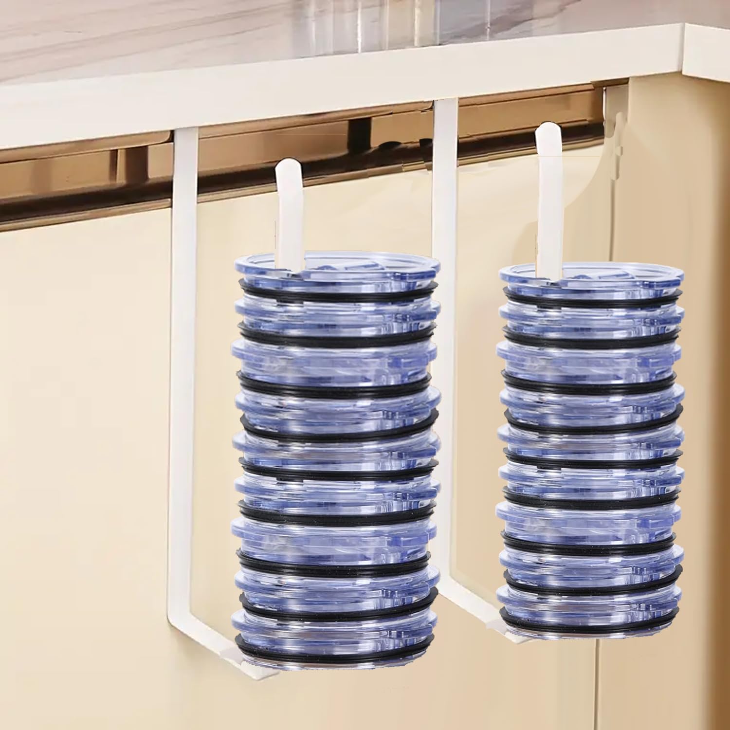 Space Saving Black Hanging Tumbler Lid Organizer for Stanley/YETI Cup Lids - No Screws No Adhesive Cabinet Hook Holder - Perfect for Kitchen, Office & RV Organization