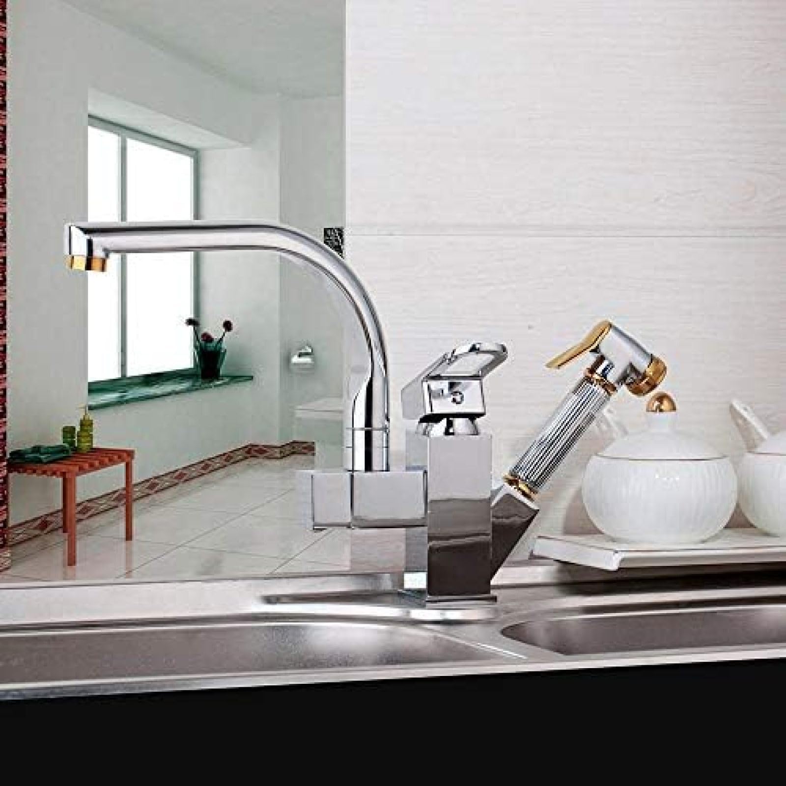 Premium Solid Brass Kitchen Mixer Faucet - Gold Polished Single Hole Hot & Cold Water Tap for Modern Kitchens | Durable & Stylish Design for Sinks, Countertops & Bar Areas