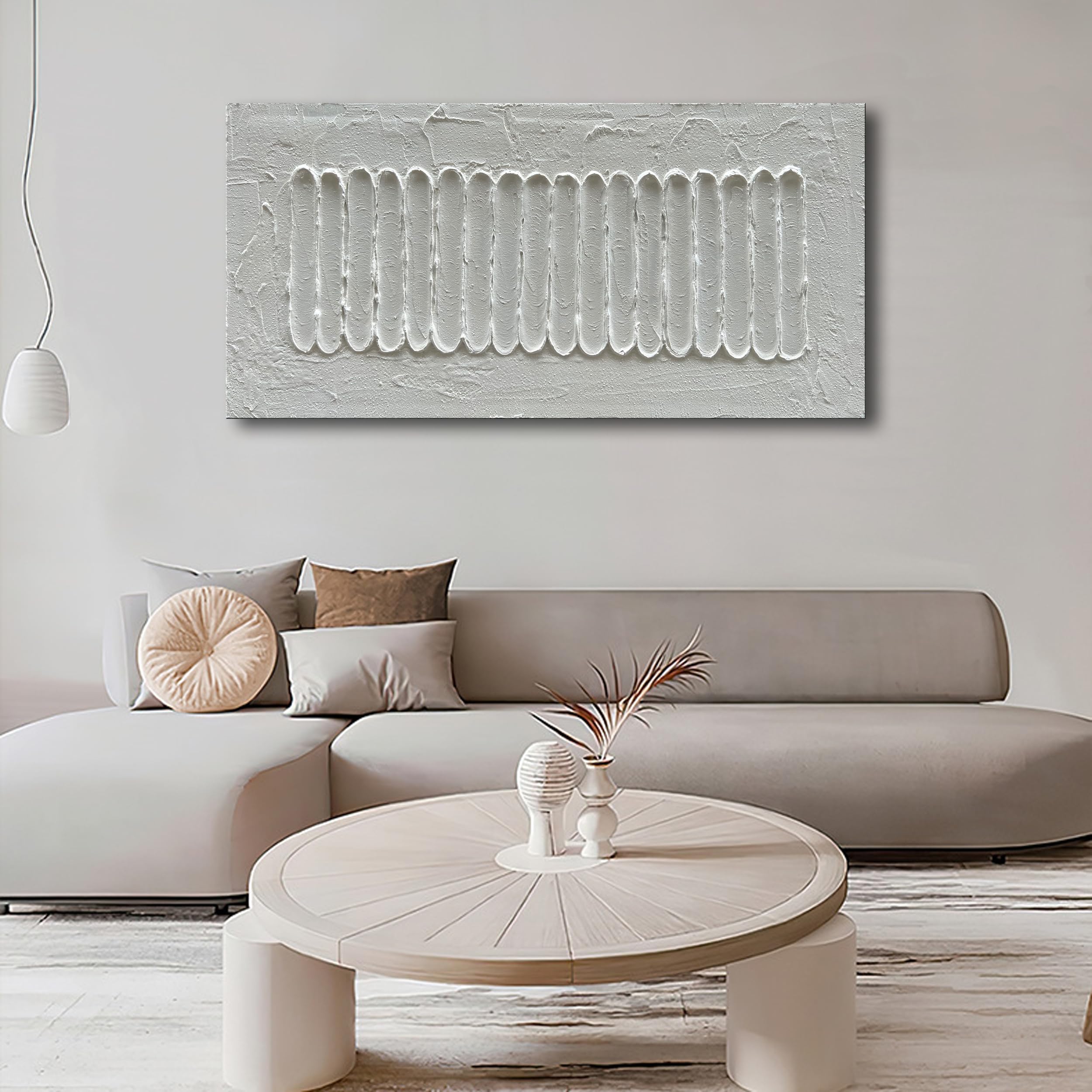 NANKAI 24x48 Inches White Minimalist Abstract Oil Painting - Hand Painted Thick Texture Canvas Wall Art for Living Room, Bedroom & Office Decor