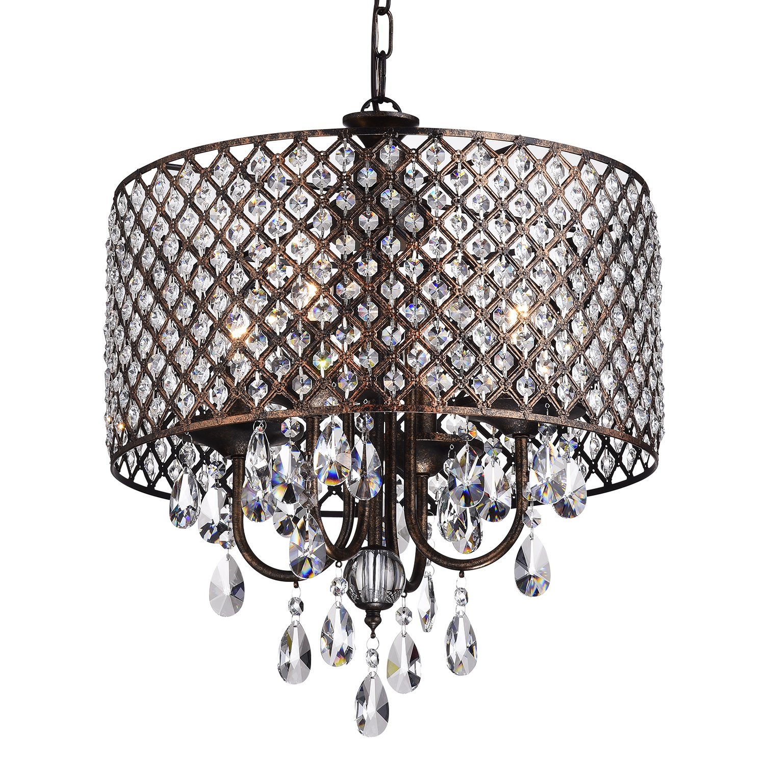 Edvivi Marya 4-Light Crystal Drum Chandelier - Antique Copper Finish Adjustable Ceiling Light with Round Crystal Shade for Living Room, Bedroom, Kitchen | Elegant Lighting Fixture for Dining Room, Entryway & Home Decor