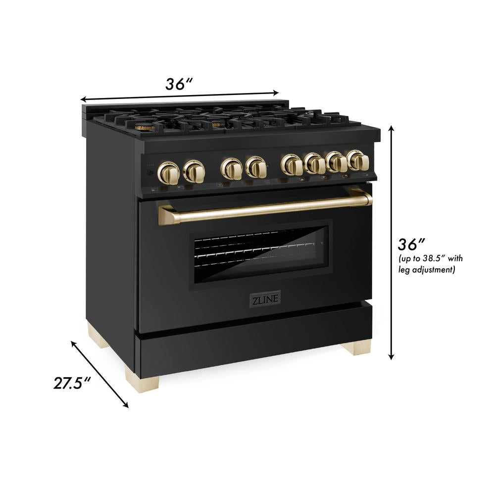 ZLINE Autograph Edition 36-Inch Professional Kitchen Package - Black Stainless Steel Dual Fuel Range with Range Hood & Polished Gold Accents (2AKP RABRH36 G) | Premium Gas Stove & Ventilation System for Home Chefs & Modern Kitchens