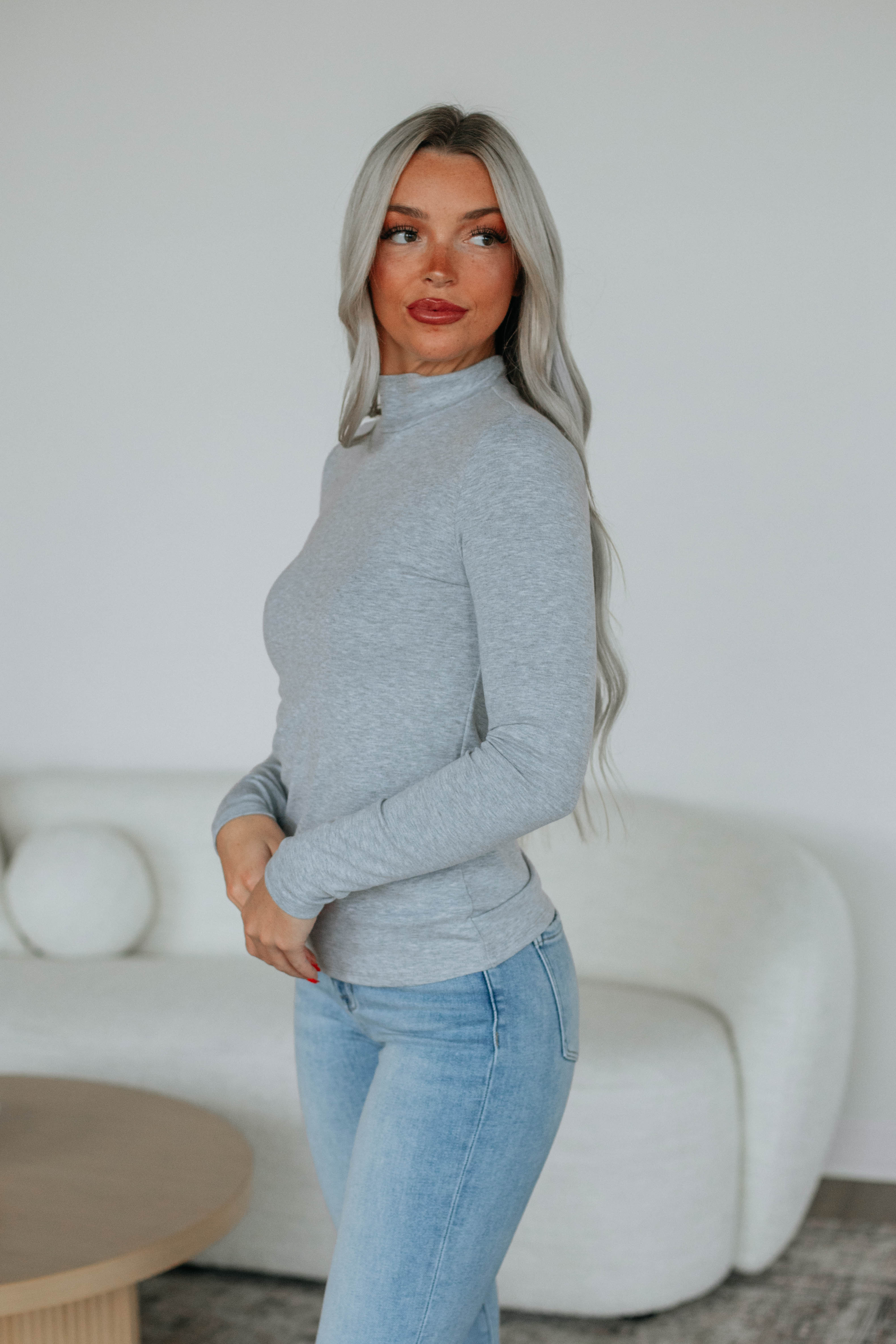 Evelina Mock Neck Top for Women - Soft Heather Grey Long Sleeve Blouse | Office Wear, Casual Outfits, Fall Layering