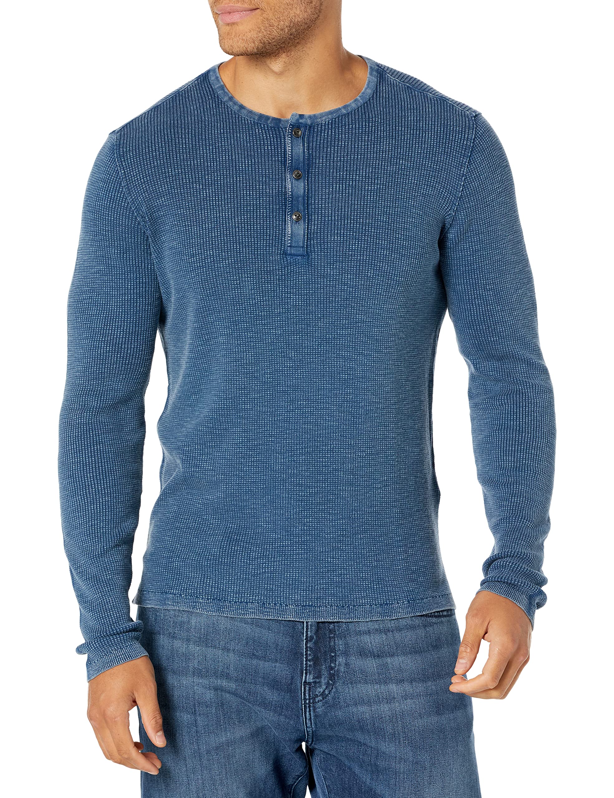 John Varvatos Men's Nashville Waffle Henley Shirt - Fadeaway Wash Vintage Style Cotton Tee for Casual Wear & Layering