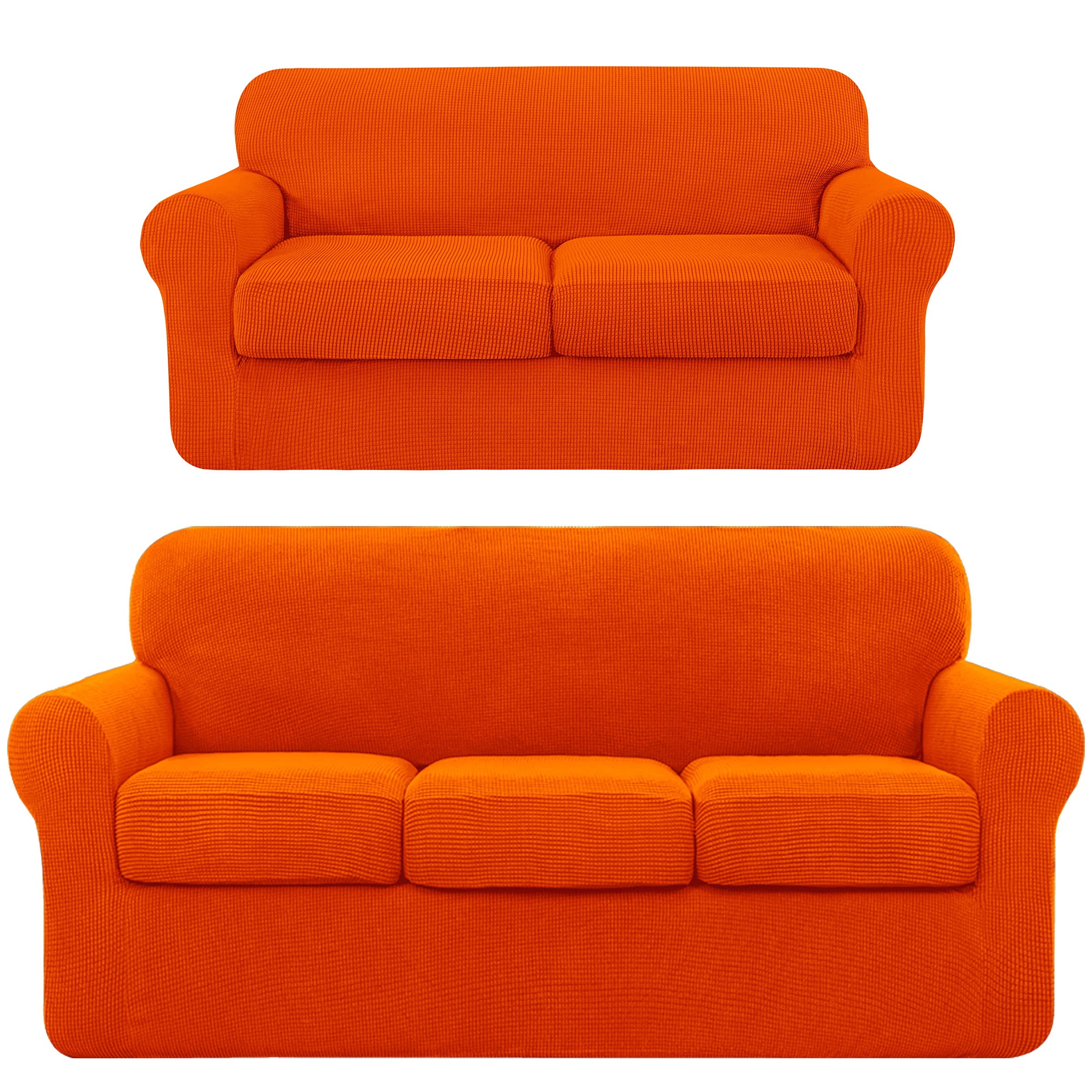 SUBRTEX Stretchable Sofa Slipcover with Separate Cushion Covers - 2 Seater & 3 Seater Couch Protector for Pets & Kids - Medium & Large Size in Orange - Perfect for Living Room Furniture Protection & Home Decor