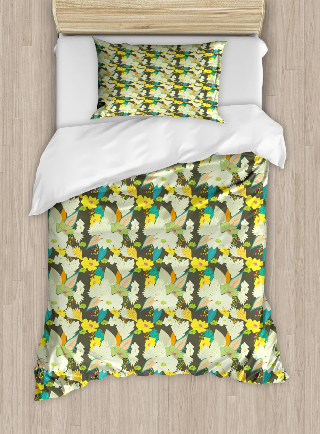Ambesonne Floral Duvet Cover Set - Hand-Painted Summer Garden Design with Vibrant Bouquets, 2-Piece Twin Size Bedding Set Includes 2 Duvet Covers & 2 Pillowcases - Perfect for Guest Rooms, Dorm Decor, and Spring/Summer Bedroom Refresh