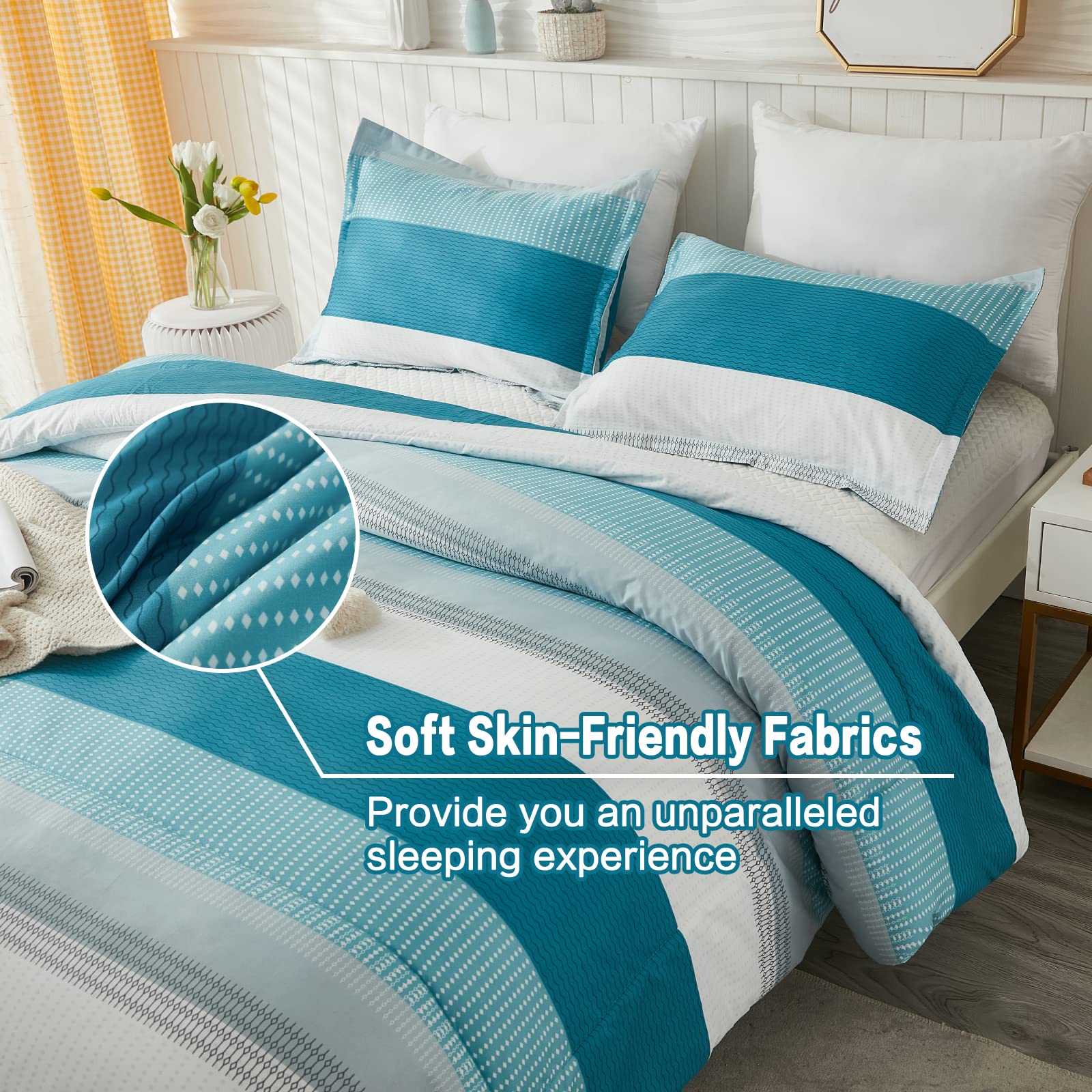 Litanika King Comforter Set - 3 Piece Lightweight Fluffy Down Alternative Bedding in White & Teal (Comforter + 2 Pillow Shams) | All Season Soft Breathable Duvet Insert for Cozy Bedroom Decor