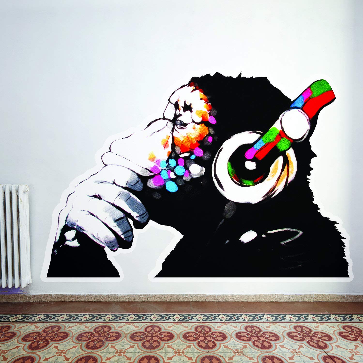 Banksy Thinking Monkey Sticker - High Quality Vinyl Wall Decal Art - Street Graffiti Music Chimp with Headphones - Creative Room Decor for Bedroom, Office & Studio