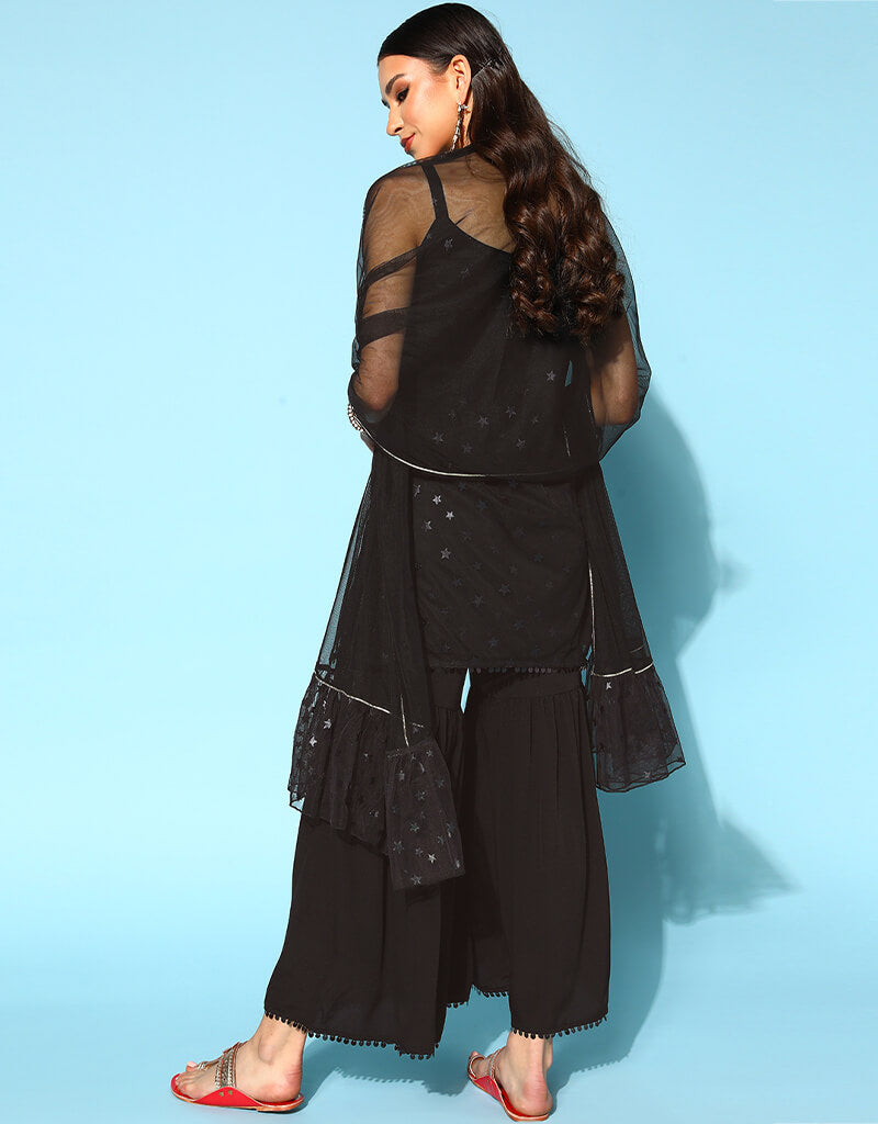Elegant Black Poly Crepe Sharara Suit for Women - Stylish Pakistani/Indian Ethnic Outfit for Weddings, Parties & Festivals