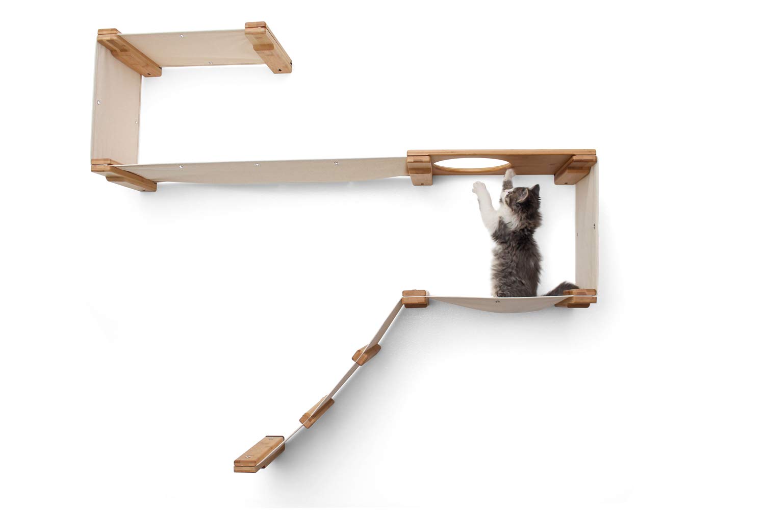 Premium Cat Wall Mounted Play Condo - Modular Bamboo Cat Tree with Sisal Scratching Pole & Hammock - 18