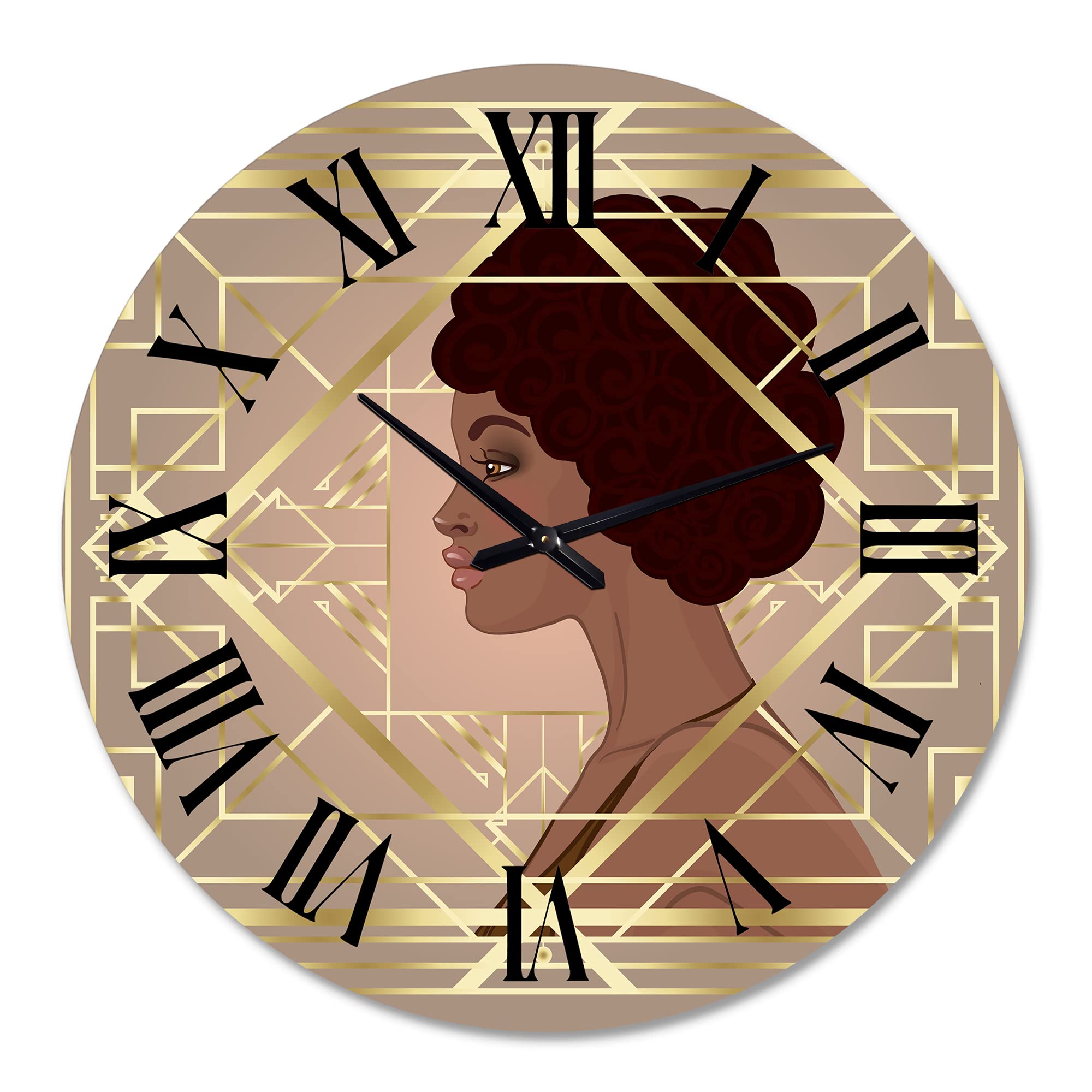 DesignQ Modern Wall Clock - Retro Women in Golden Art Deco Geometrics II - Large Decorative Wall Clock for Office, Living Room & Bedroom - Elegant Home & Workspace Décor