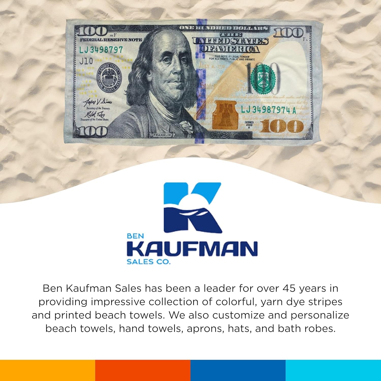 Kaufman Printed Beach and Pool Towel Set - 100% Cotton, 30x60 Inches, American Flag & 100 Dollar Bill Design - Perfect for Swimming, Sunbathing, and Patriotic Outdoor Activities