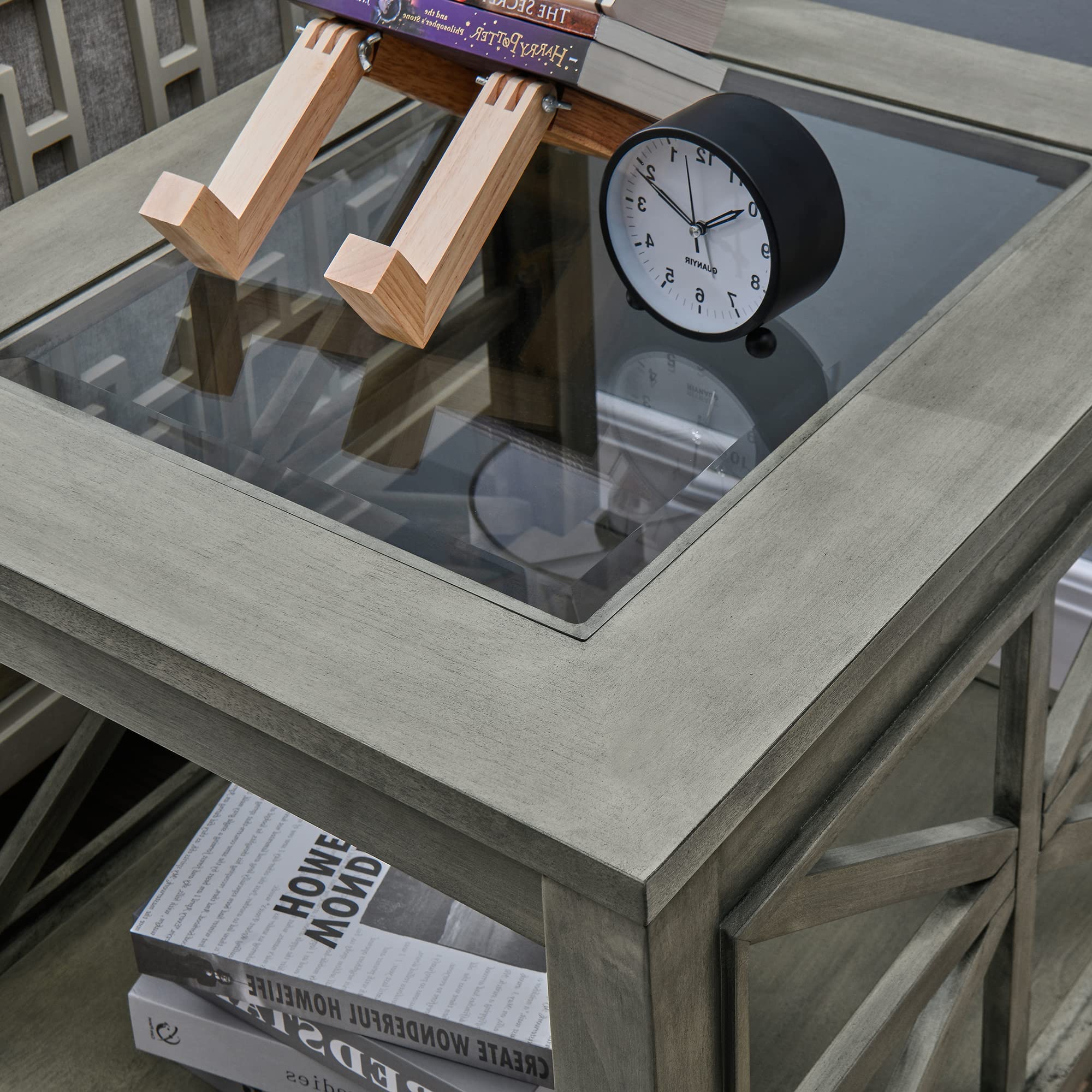 LEEMTORIG Gray Wash Solid Wood Glass End Table - Modern Farmhouse Side Table with Storage Shelf, Rustic Bedroom Nightstand (22.5