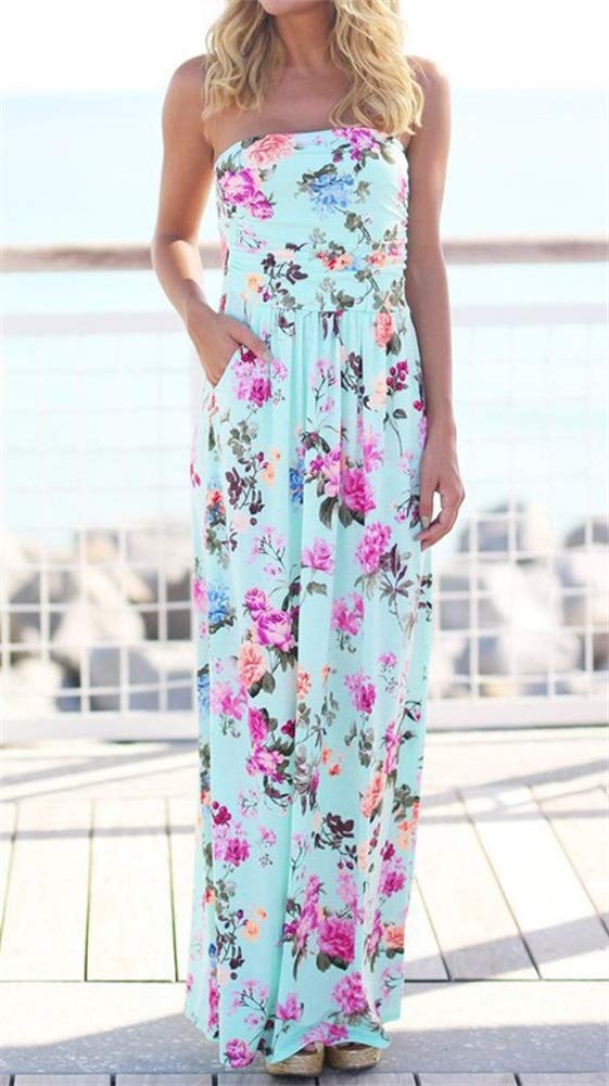 PRIMODA Women's Strapless Tube Top Maxi Dress - Floral Boho Beach Dress with Pockets | Summer Vacation, Pool Party, Wedding Guest Outfit