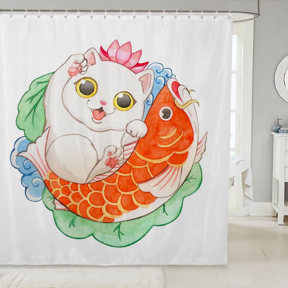 Feelyou Japanese Lucky Cat Shower Curtain - Watercolor Koi Fish & Kawaii Cat Design - 72x78 Inch Bathroom Decor Set - Perfect for Asian-Themed Bathrooms & Spa-Like Showers