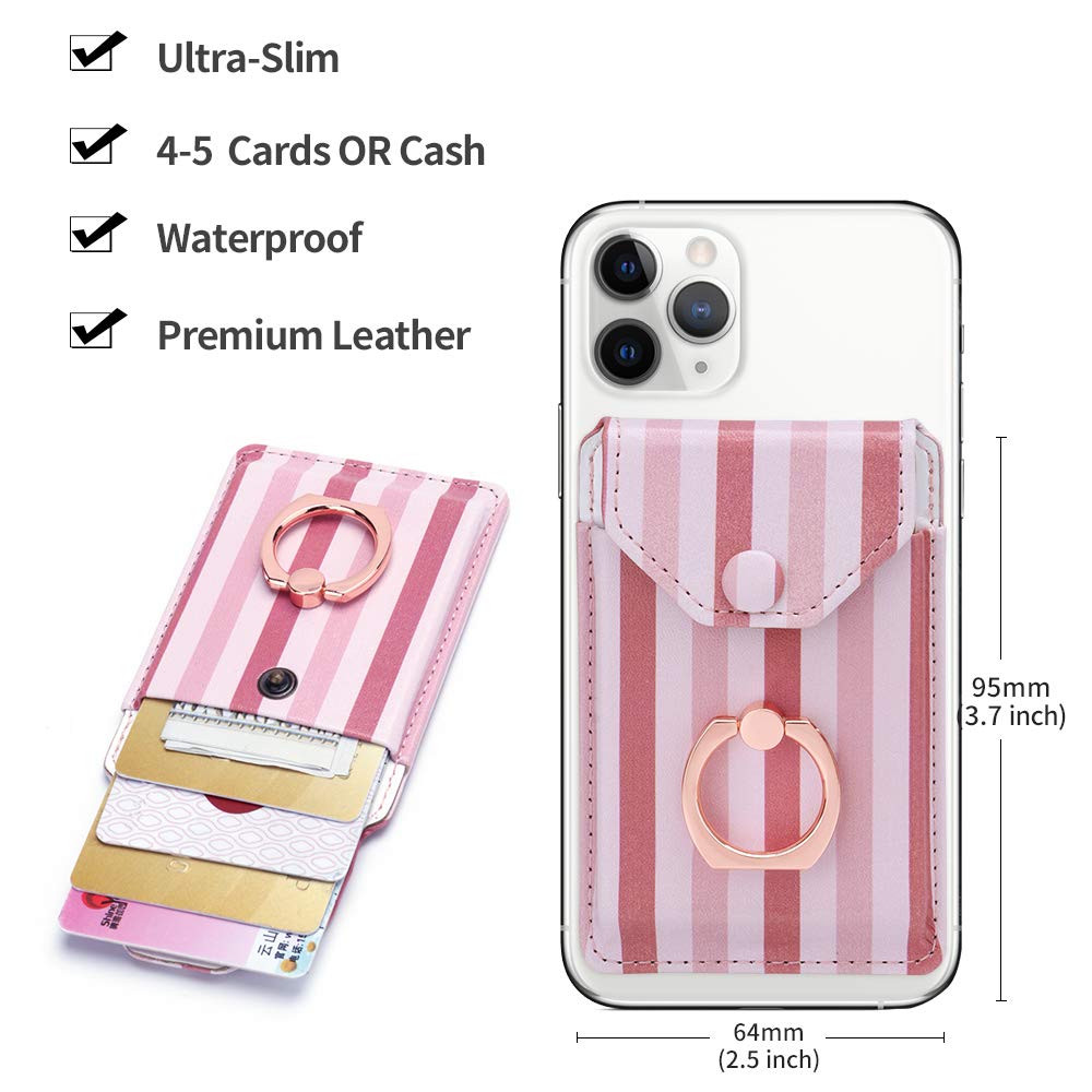 RFID Blocking Ring Stand & Adhesive Wallet Card Holder for iPhone, Android & All Smartphones - Stick on Phone Back for Credit Cards - Pink Striped Design | Perfect for Hands-Free Viewing, Contactless Payments & Everyday Convenience