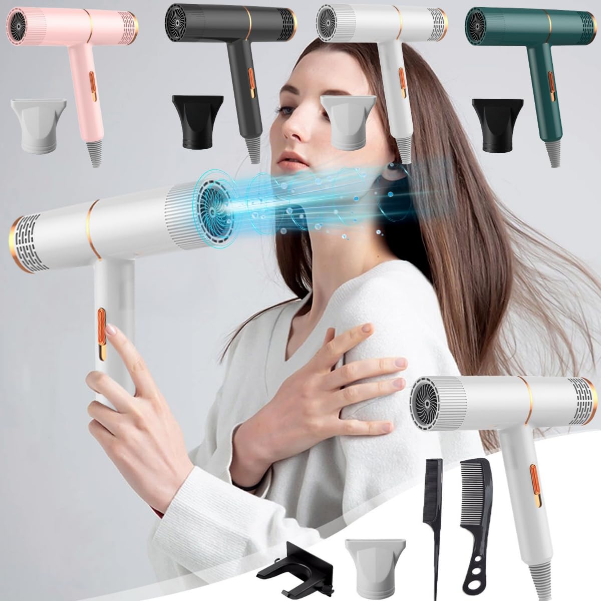 Negative Ionic Hair Dryer with Diffuser - Lightweight Travel Blow Dryer with Bracket & 2 Combs - High Power Fast Drying Hair Care Gift for Home, Dorm & Students - Perfect for Travel, Salon Styling & Daily Hair Care