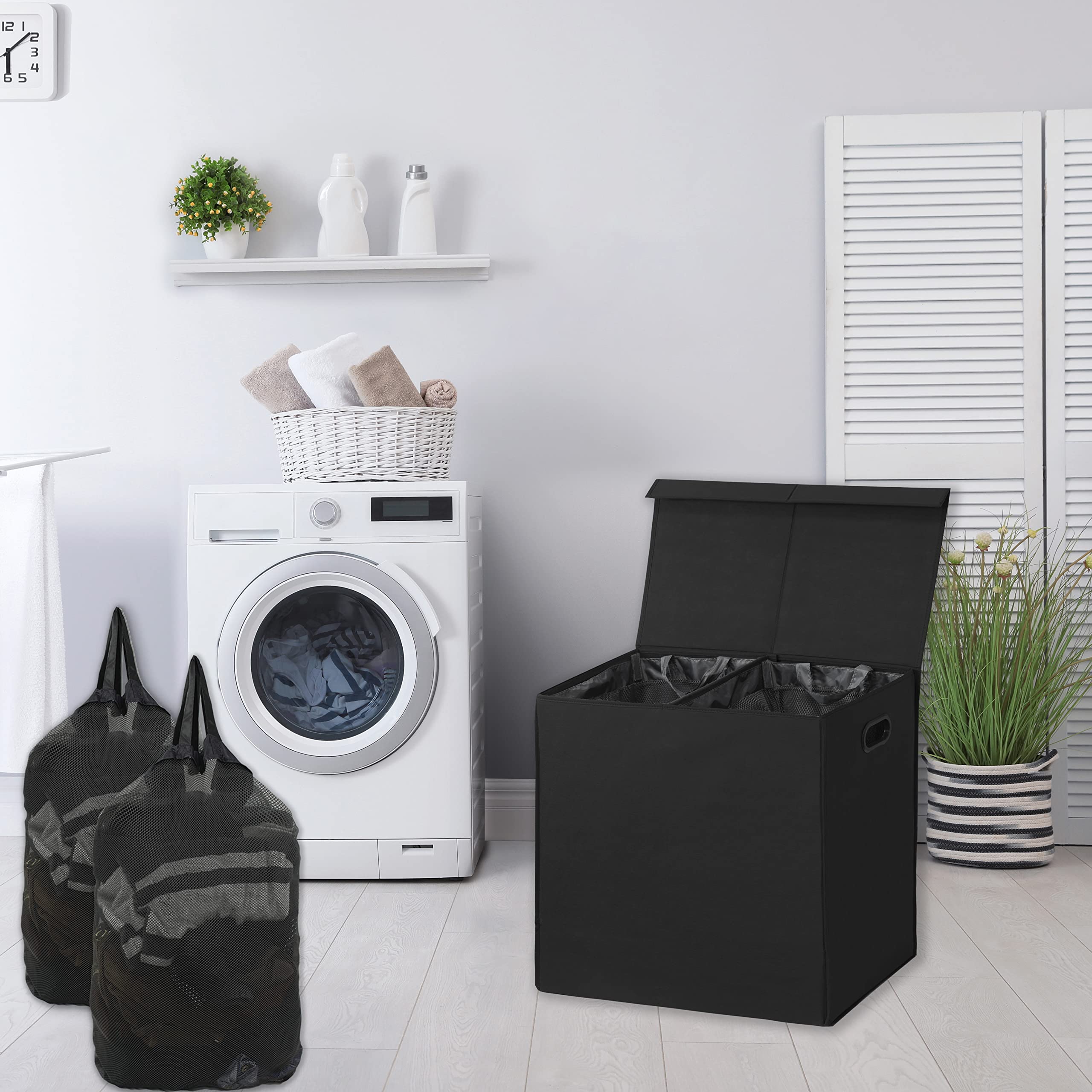 Simple Houseware Double Laundry Hamper with Lid & Removable Bags - 2 Compartment Clothes Hamper for Dirty & Clean Laundry Sorting - Perfect for Bedroom, Bathroom, Dorm & Laundry Room Organization (Black)