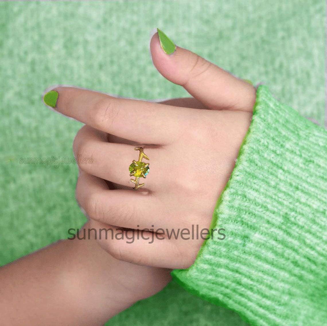 925 Sterling Silver Rose Gold Twig Ring with August Birthstone Peridot - Elegant Gemstone Engagement Ring for Women, Perfect for Anniversary, Wedding & Everyday Wear