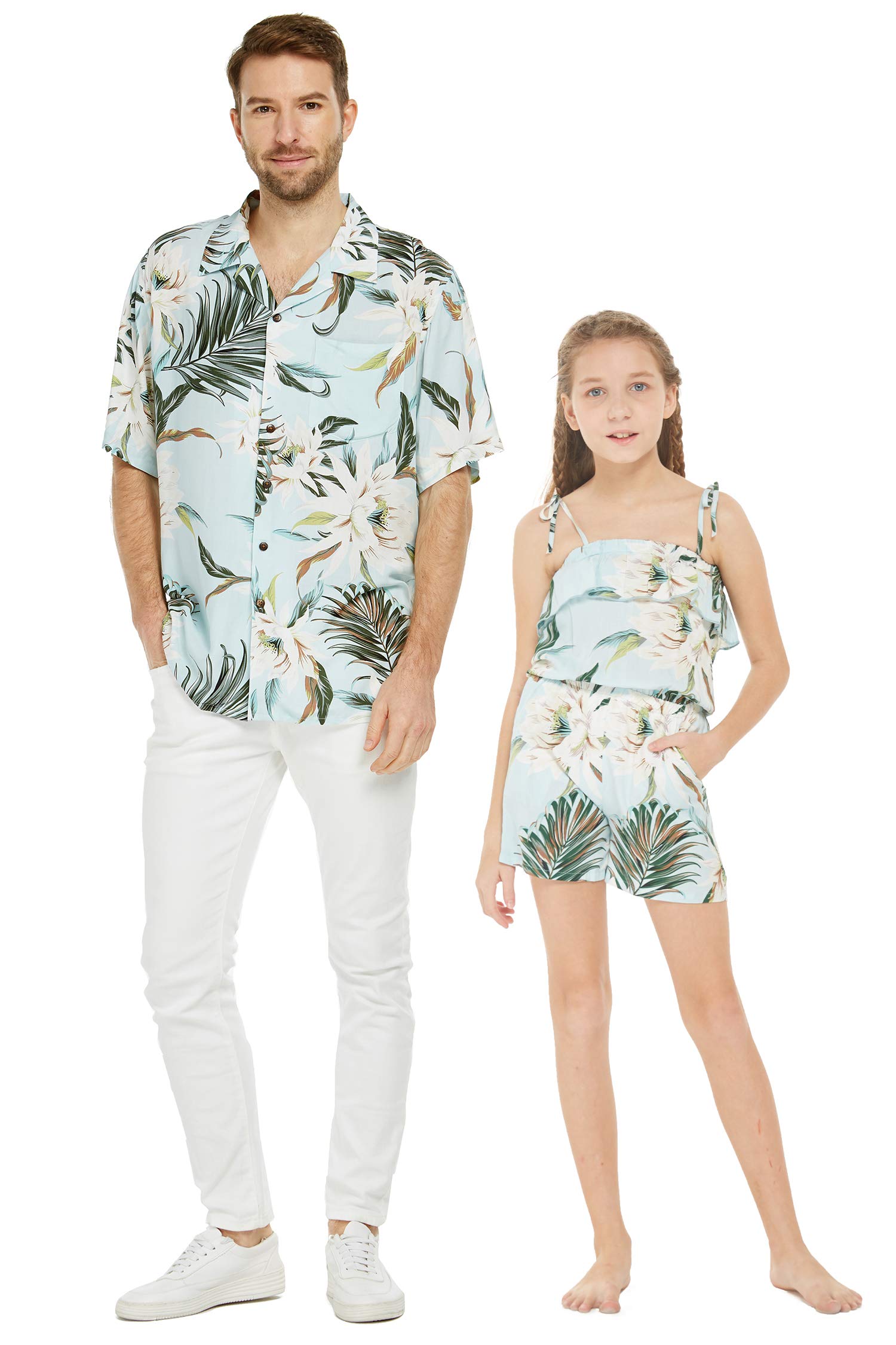 Hawaiian Matching Father Daughter Dance Shirts - Pink & White Hibiscus Vine Print Romper Outfits for Luau, Hula Dance, and Family Beach Vacations