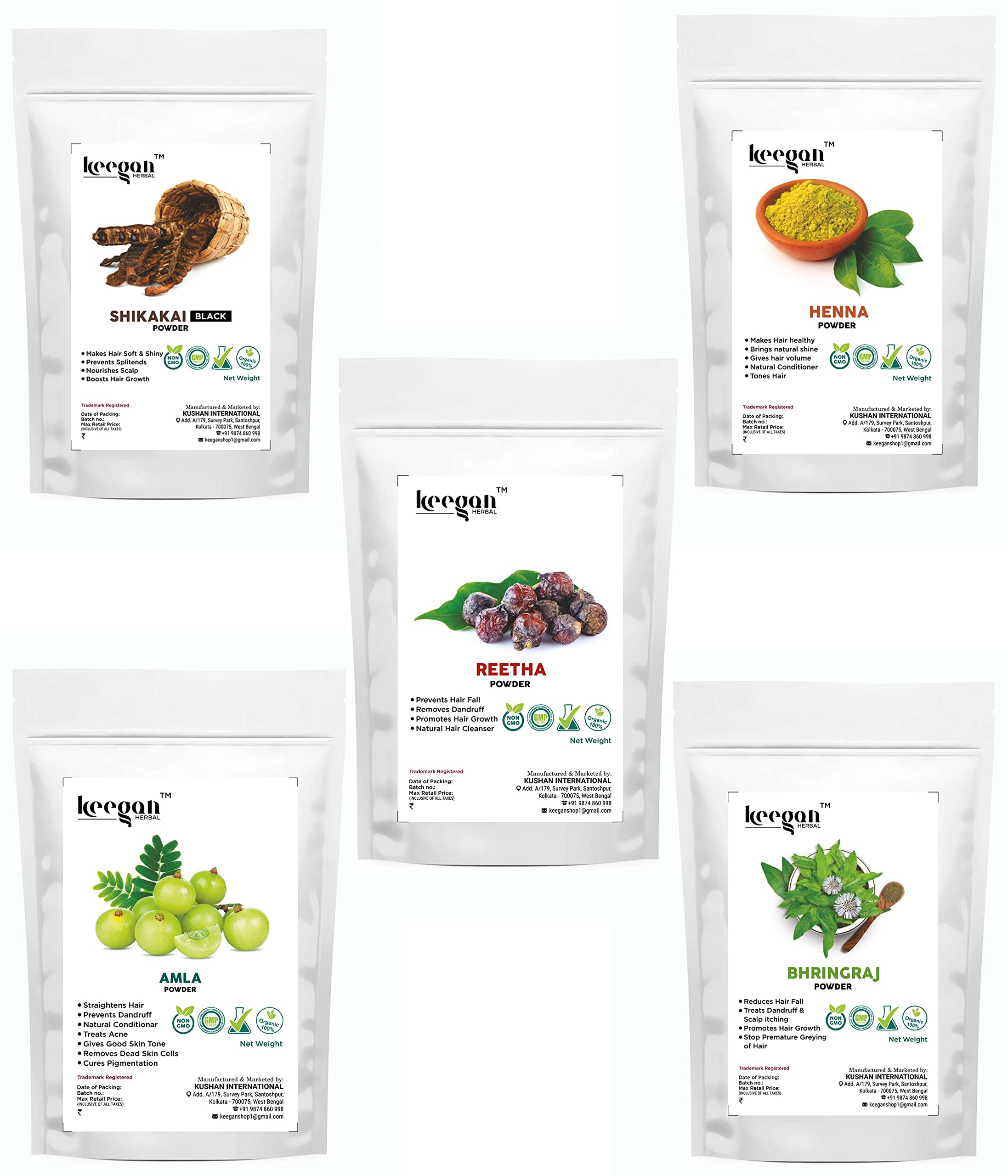 Keegan Herbal Natural Henna Powder, Shikakai Powder (Black), Amla Powder, Bringraj Powder, Reetha Powder for Hair Color, Growth, Dandruff Care & Hair Treatment – 50g Each | Organic Ayurvedic Hair Care for Natural Coloring, Scalp Health & Stronger Hair | Perfect for DIY Hair Masks, Herbal Treatments & Holistic Hair Care