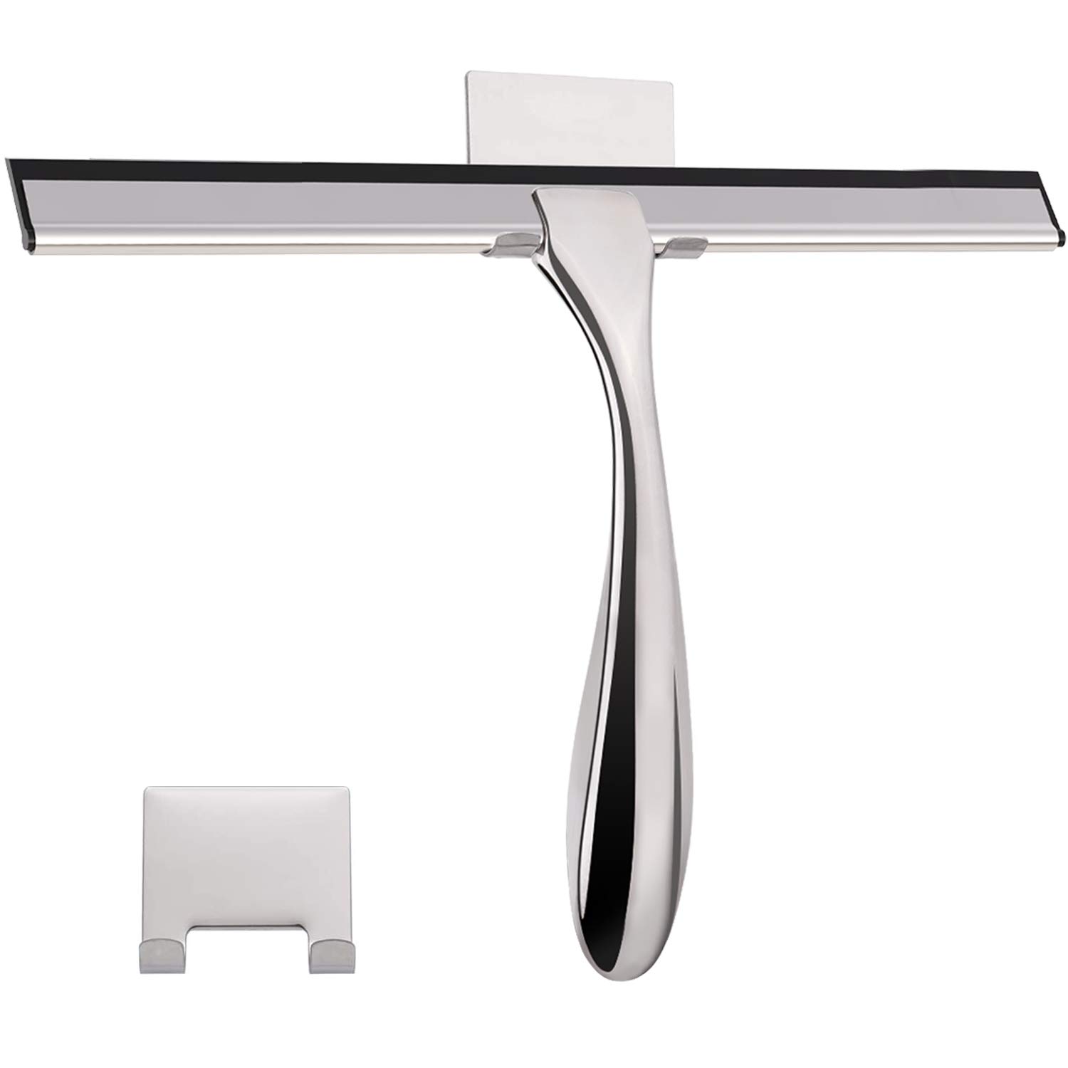 Stainless Steel Shower Squeegee - 14 Inch Bathroom & Car Window Cleaner for Shower Doors, Mirrors, Tiles - Includes 2 Hooks (Silver) | Perfect for Streak-Free Cleaning in Bathrooms, Kitchens & Vehicles