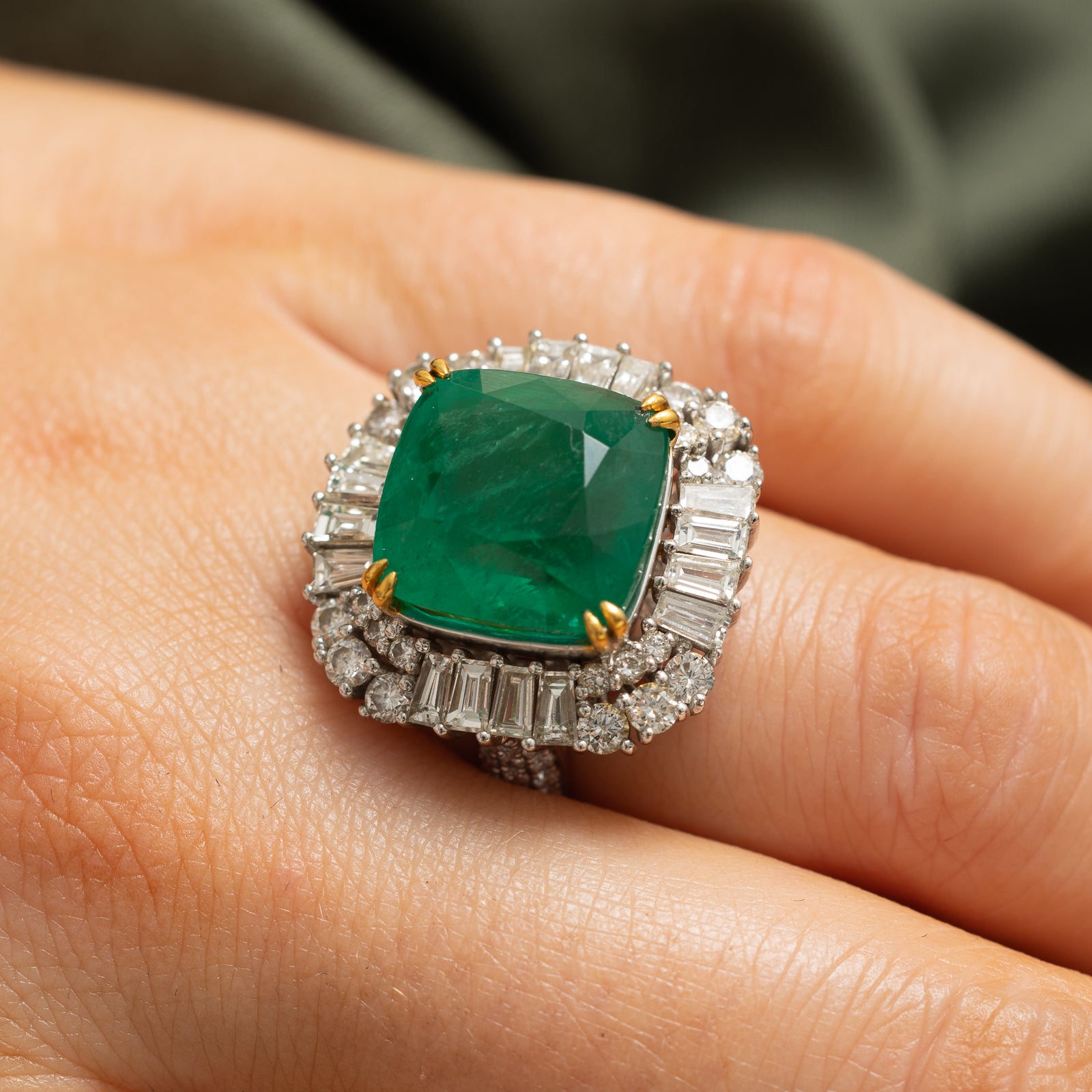 Emerald and Diamond Cocktail Ring - 10.89ct Emerald with 2.03ctw Diamonds - Size 7 - Elegant Statement Jewelry for Evening Parties, Weddings & Special Occasions