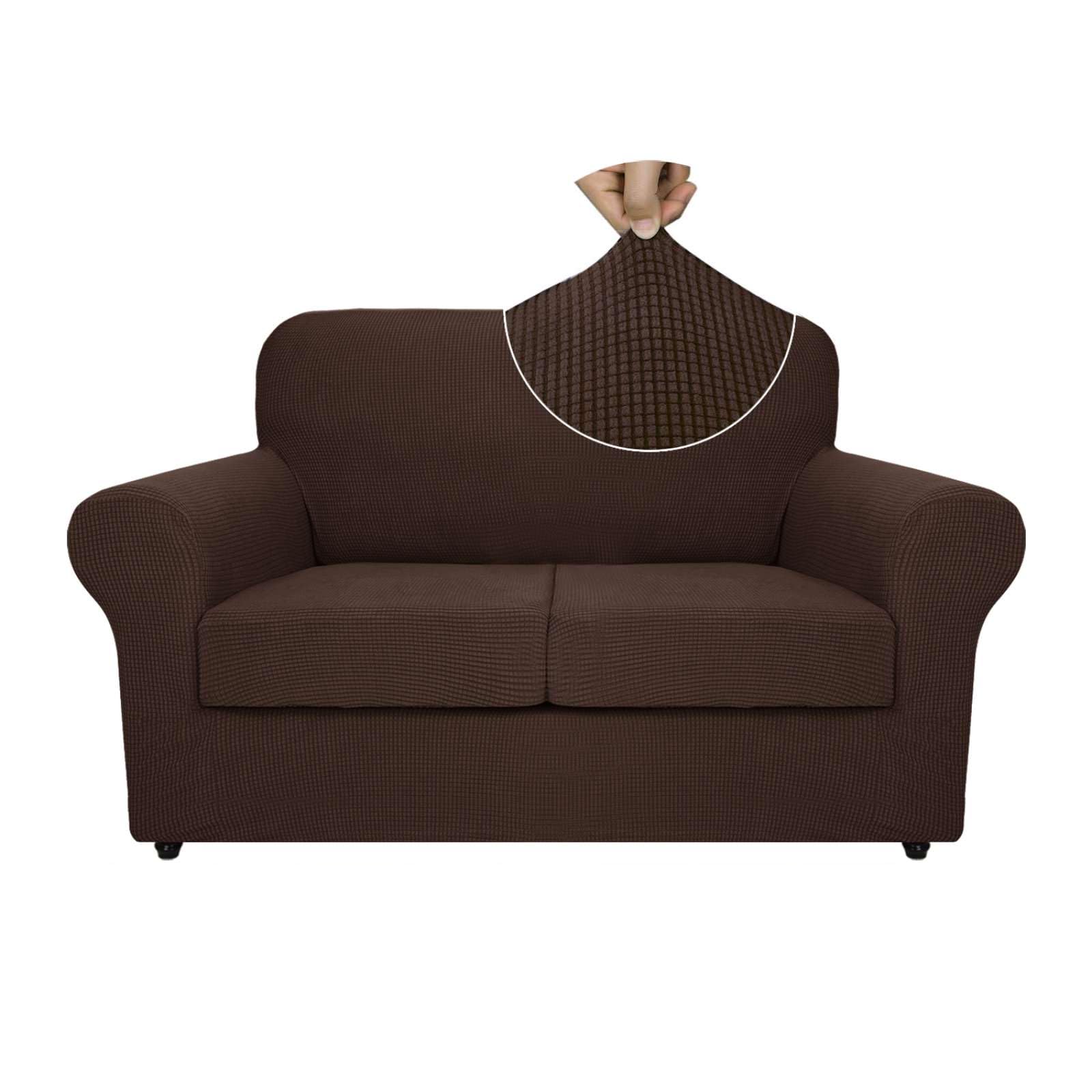 ZNSAYOTX 3-Piece Stretch Jacquard Loveseat Slipcovers - Spandex Sofa Cover for 2-Cushion Couches, Coffee Checkered Furniture Protector - Perfect for Living Room, Apartment & Small Space Decor