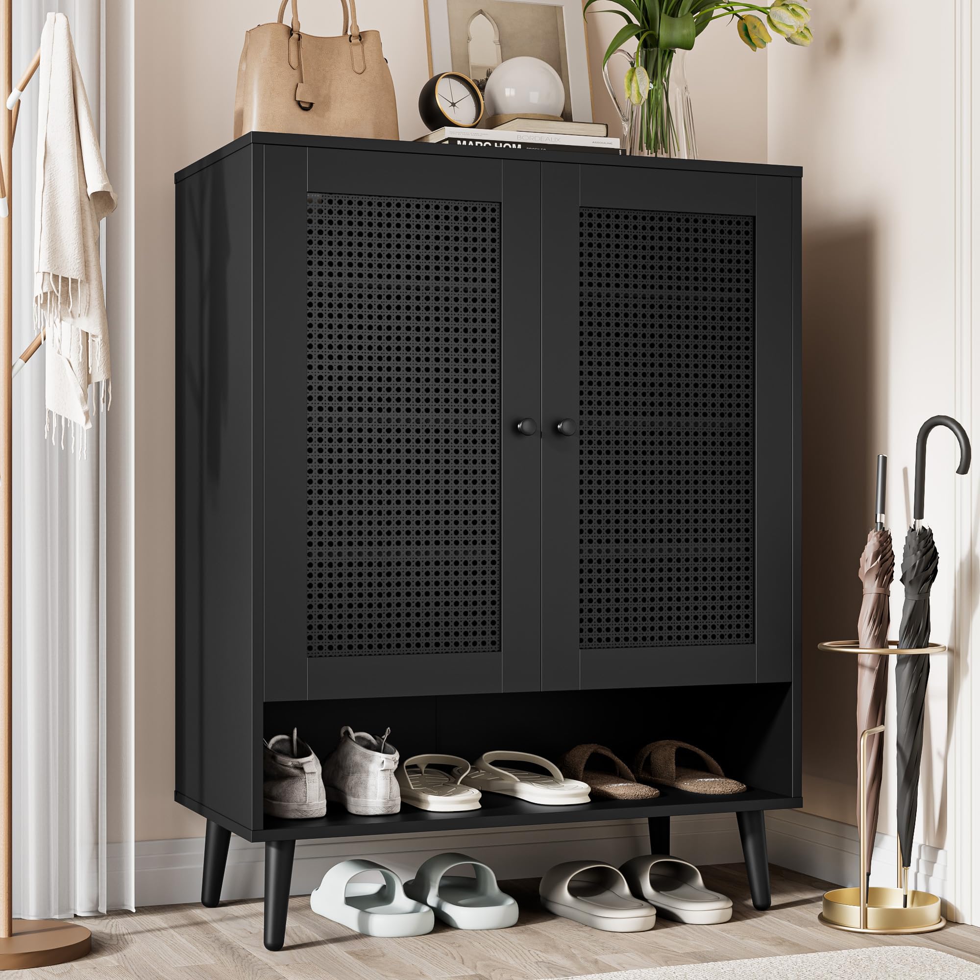 5-Tier Rattan Shoe Storage Cabinet with Adjustable Shelves - Boho Entryway Organizer for Shoes, Boots & Accessories | Perfect for Small Spaces, Apartments & Closet Organization (Black)