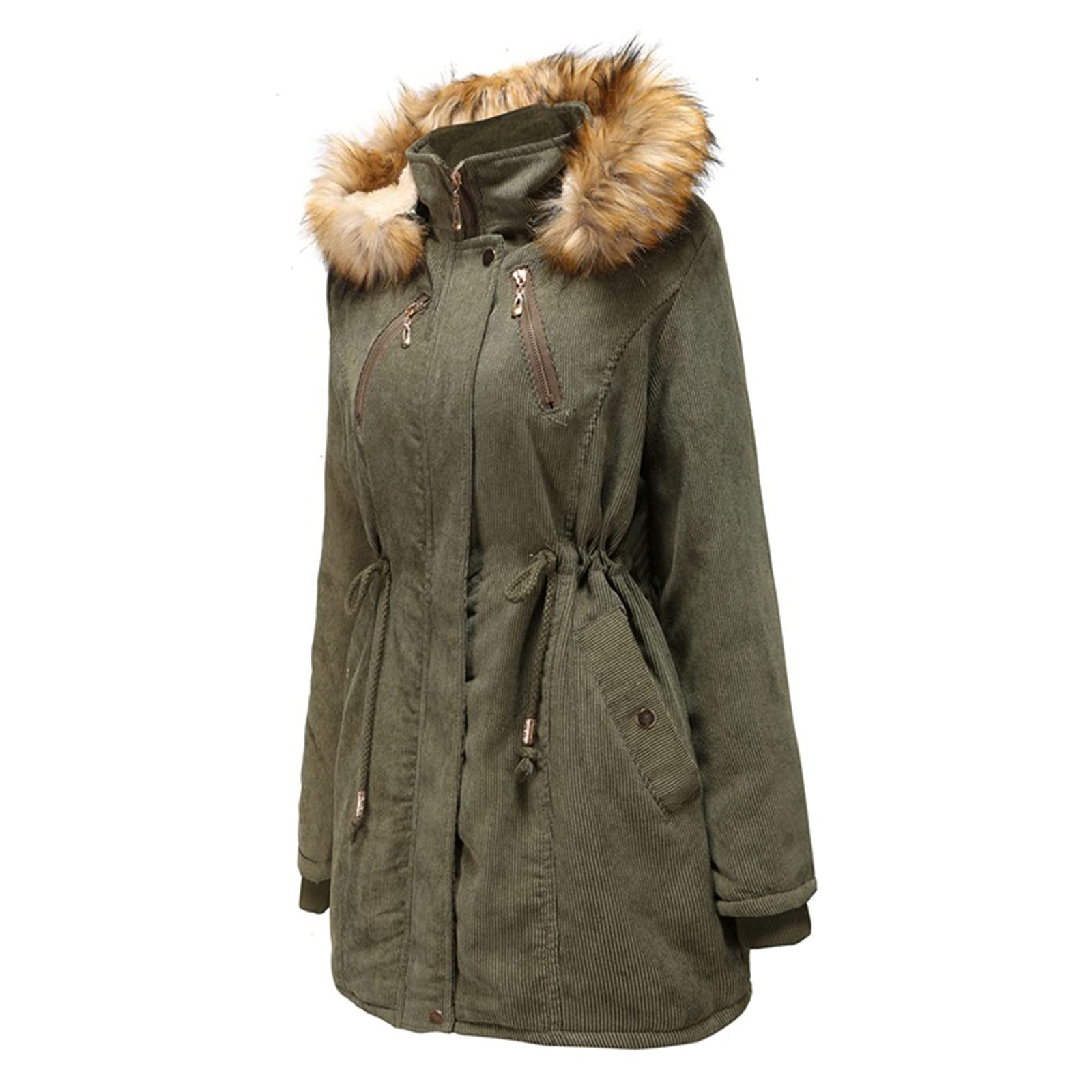 Women's Mid-Length Hooded Winter Coat - Solid Color Fleece-Lined Jacket with Fur Collar & Cotton Padding | Warm Winter Outerwear for Casual Wear, Commuting & Outdoor Activities