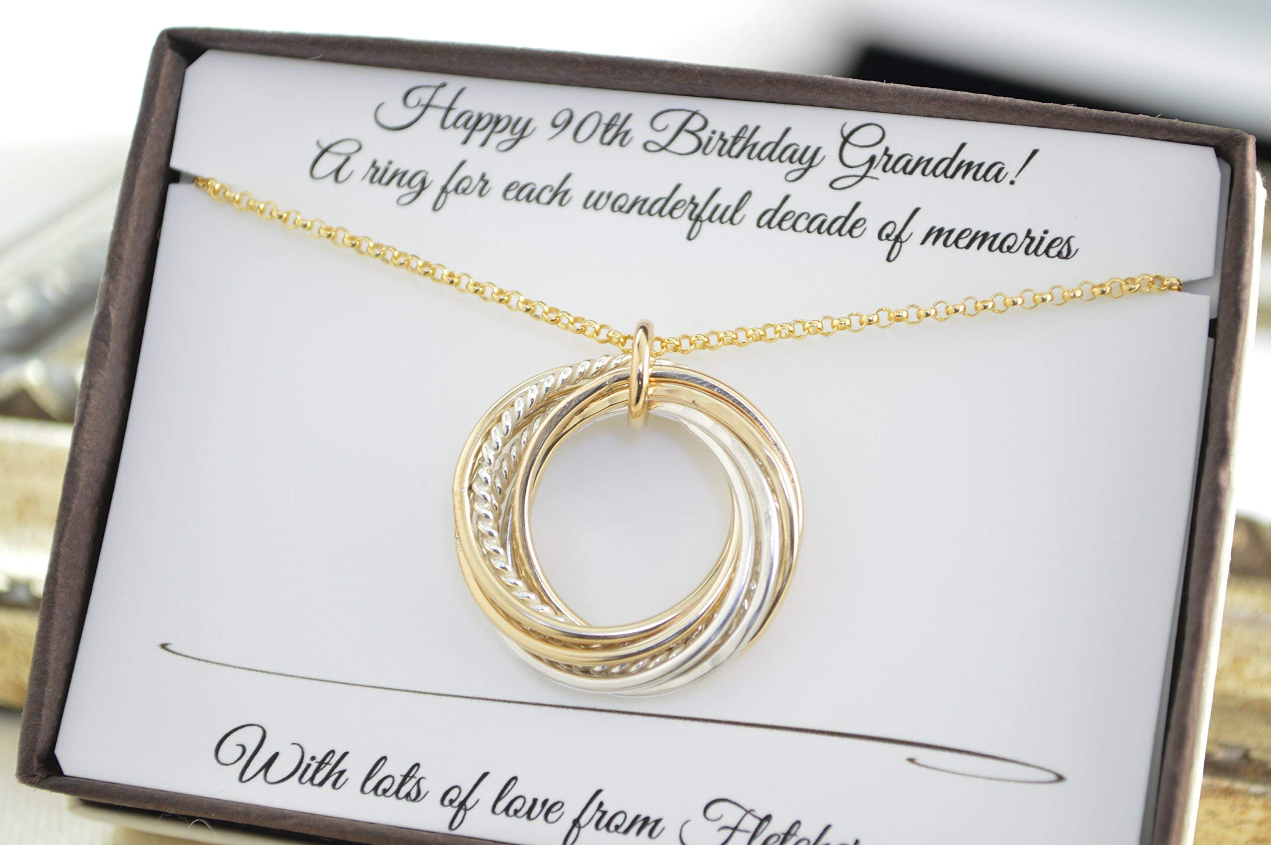 90th Birthday Gift for Mom & Grandma - 9 Interlocking Rings Mixed Metals Necklace - 9th Anniversary Jewelry - Elegant Women's Birthday Present for Special Occasions & Celebrations