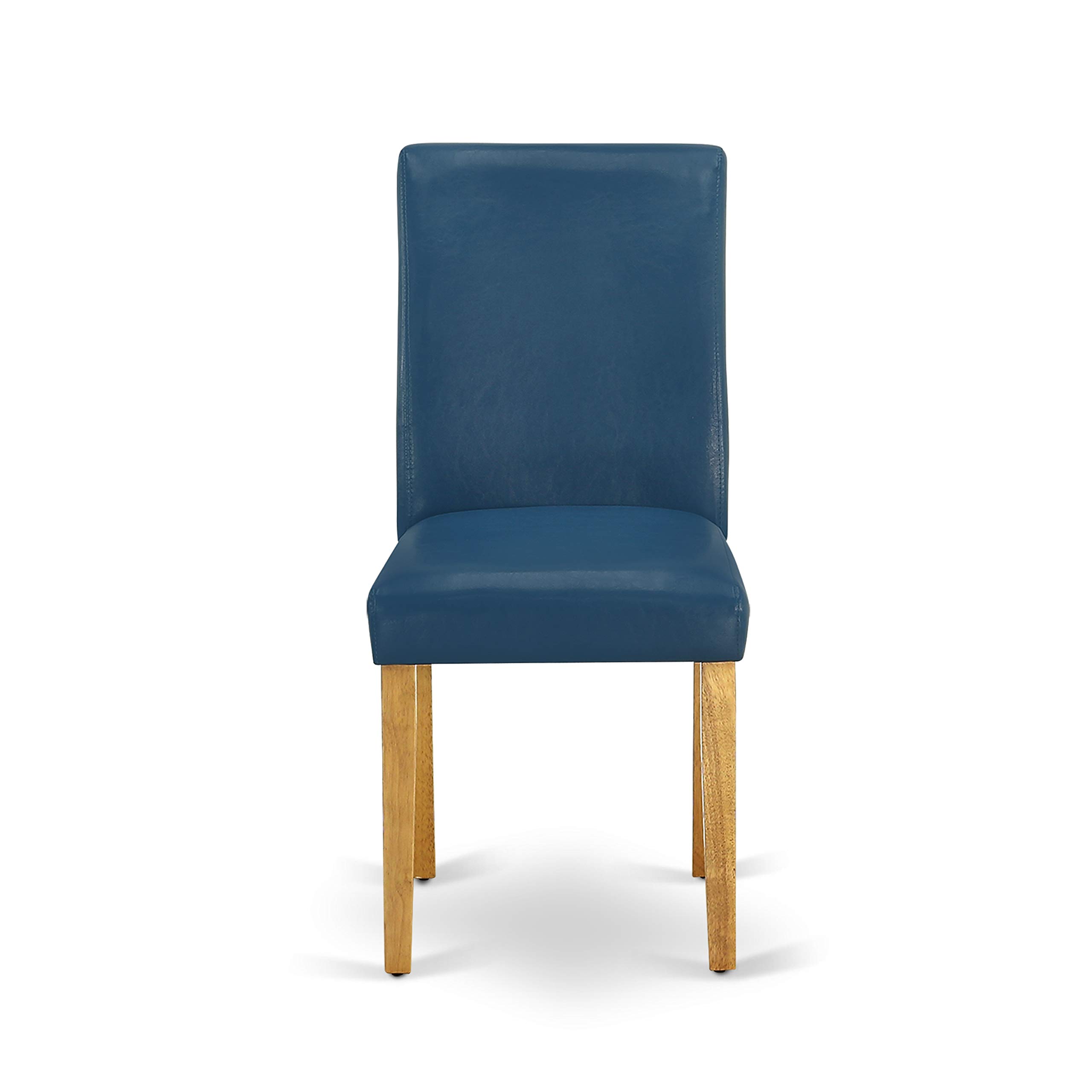 East West Furniture 3 Piece Dining Room Set - Round Pedestal Table & 2 Oasis Blue Faux Leather Chairs, 30x30 Inch, Oak - Perfect for Small Spaces, Breakfast Nooks & Cozy Apartments