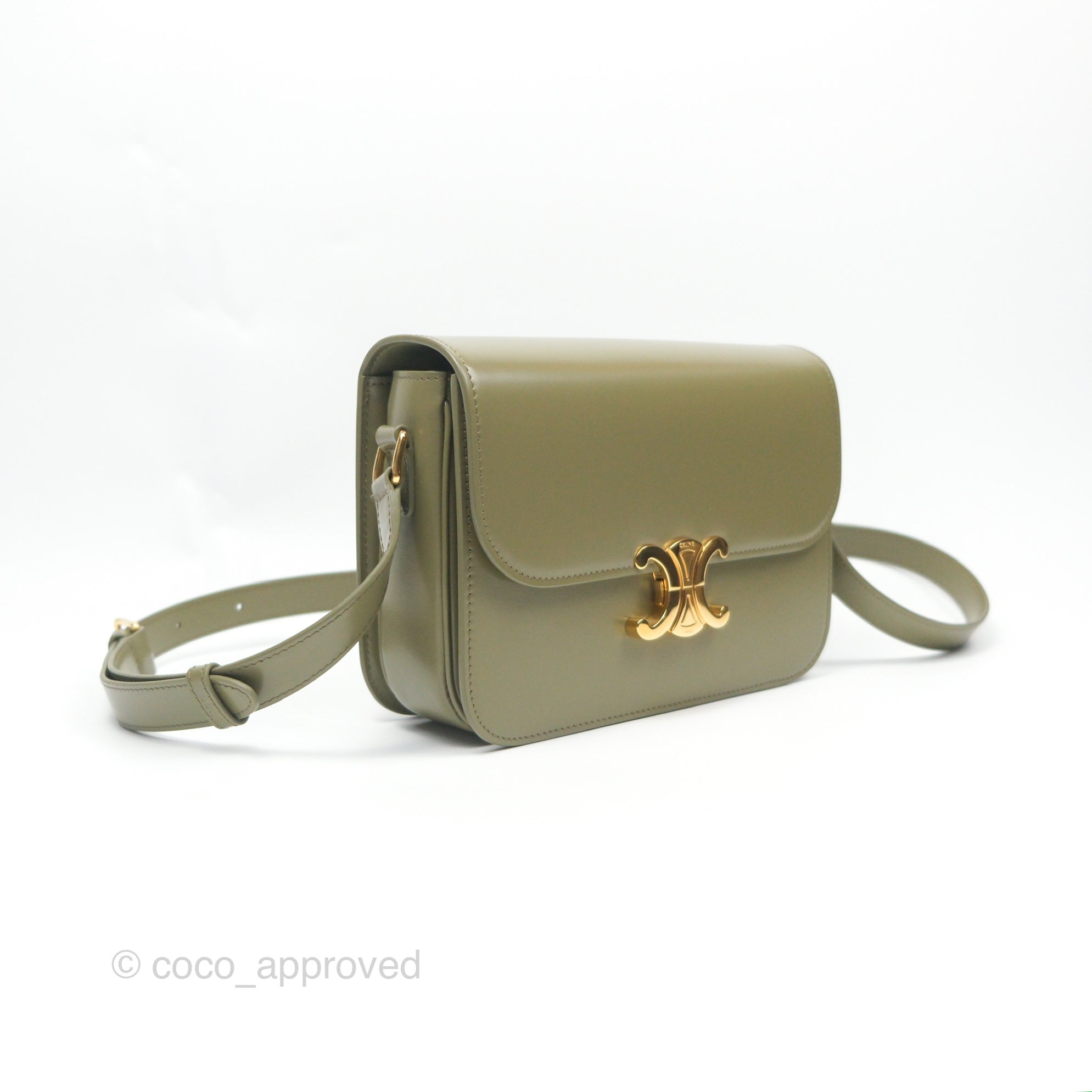 Celine Medium Triomphe Bag in Soft Khaki Shiny Calfskin Leather - Luxury Handbag for Women, Perfect for Work, Travel & Everyday Use