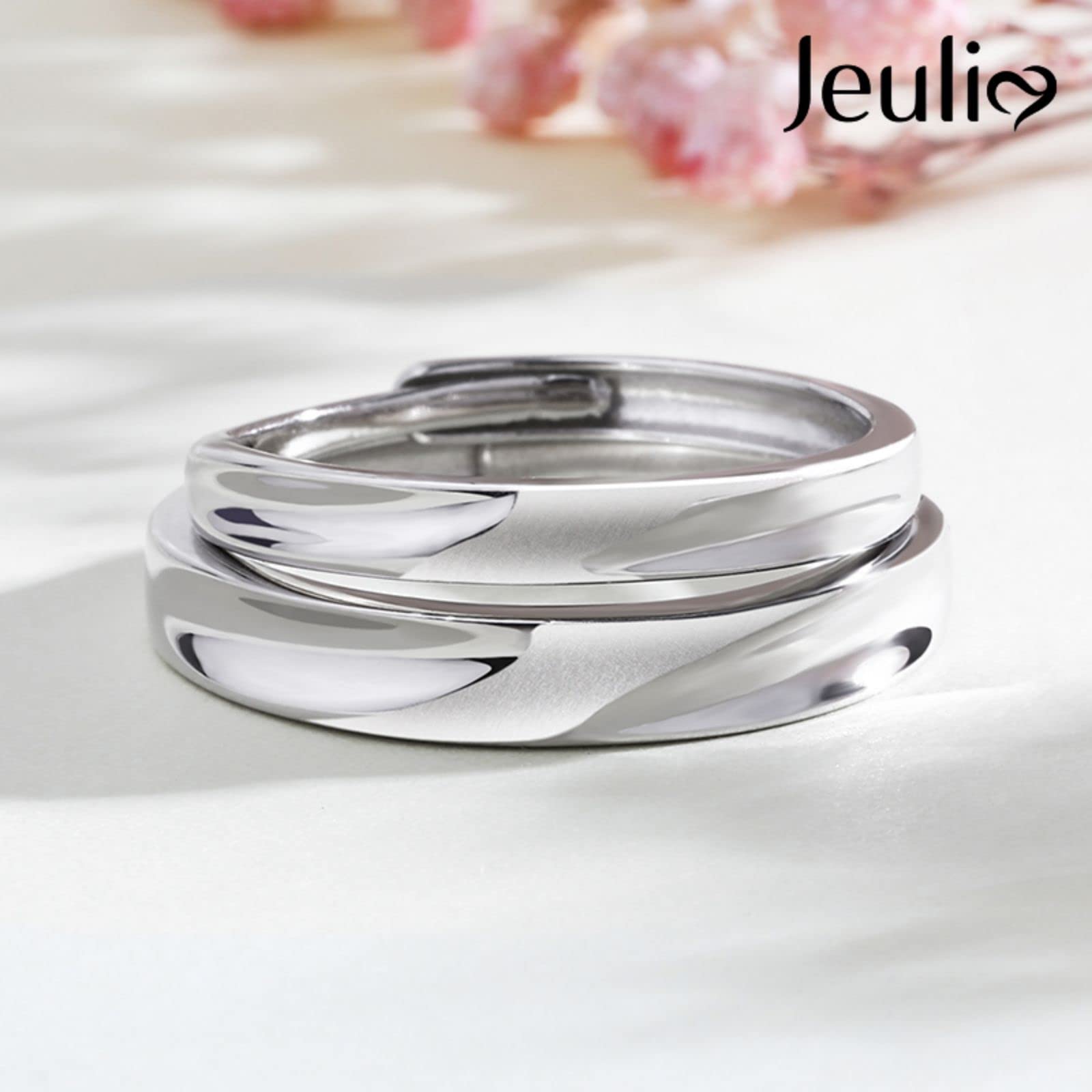 Jeulia Matte Silver Couple Rings - Adjustable Matching Set for Women & Men | Engagement, Wedding, Anniversary Gifts