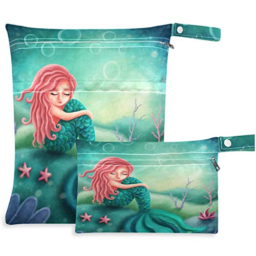 **Visesunny Little Mermaid 2-Pack Waterproof Wet Bags with Zipper Pockets - Reusable & Washable for Swimsuits, Diapers, Gym Clothes & Toiletries - Perfect for Travel, Beach, Pool, Daycare & Stroller**    *(Use Case: Ideal for keeping wet swimwear, baby essentials, or gym gear organized and odor-free while on the go!)*