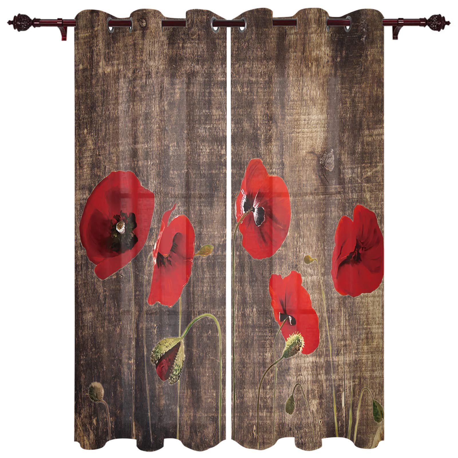 Red Flower Poppy Vintage Sheer Curtains with Wooden Texture - 2 Panels Kitchen Tier Grommet Window Drapes, 84 Inch Length for Living Room, Bedroom, Patio & Sliding Glass Doors | Light Filtering Privacy & Home Decor