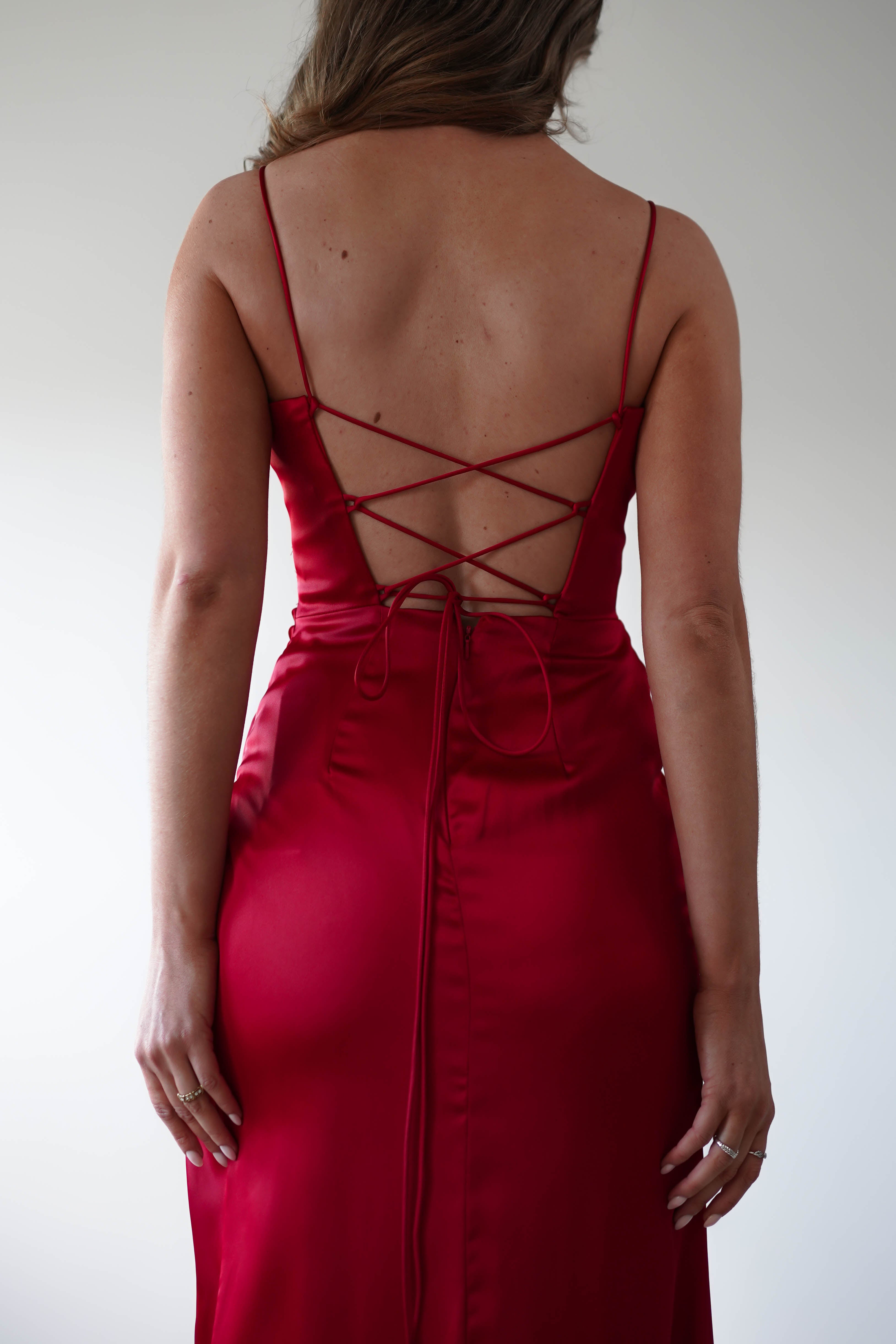 Julianne Corset Satin Gown - Elegant Red Evening Dress for Women | Perfect for Prom, Wedding, and Formal Events