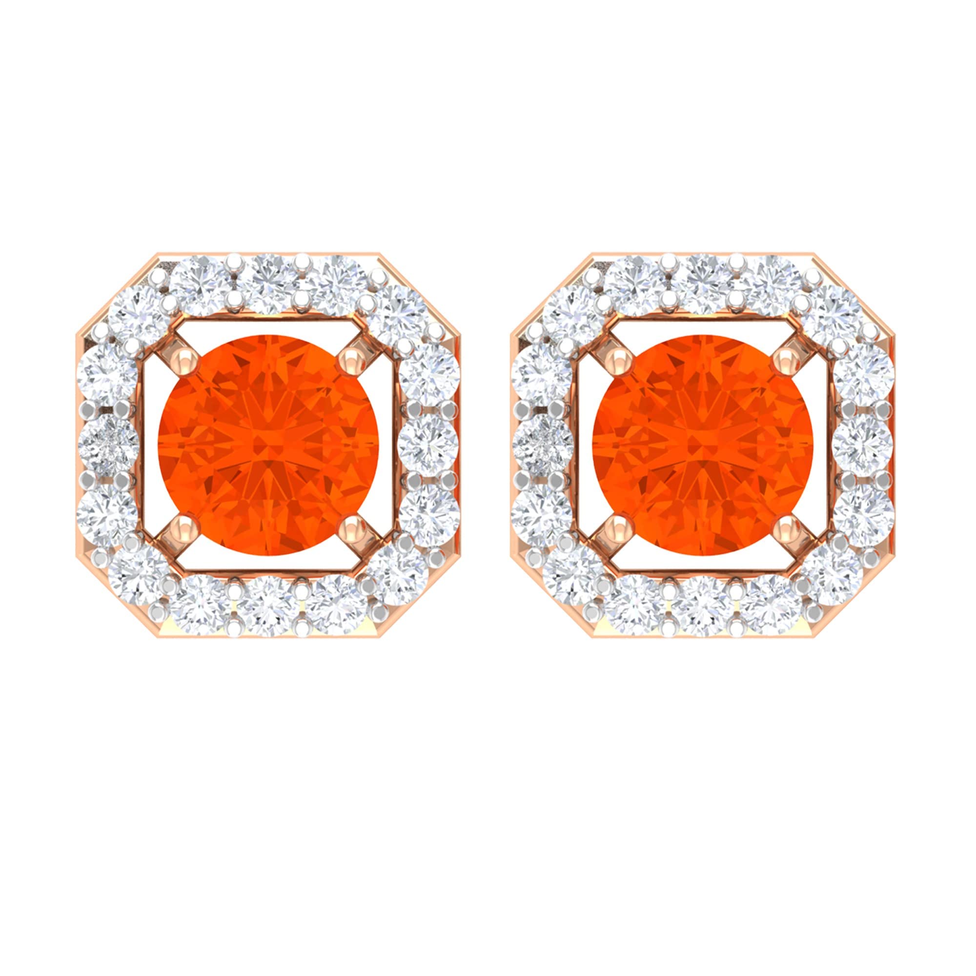 0.50 CT Fire Opal and Diamond Stud Earrings for Women - 14K Solid Gold Screw Back Halo Earrings - October Birthstone Minimalist Jewelry - Perfect for Gifts, Weddings & Everyday Elegance