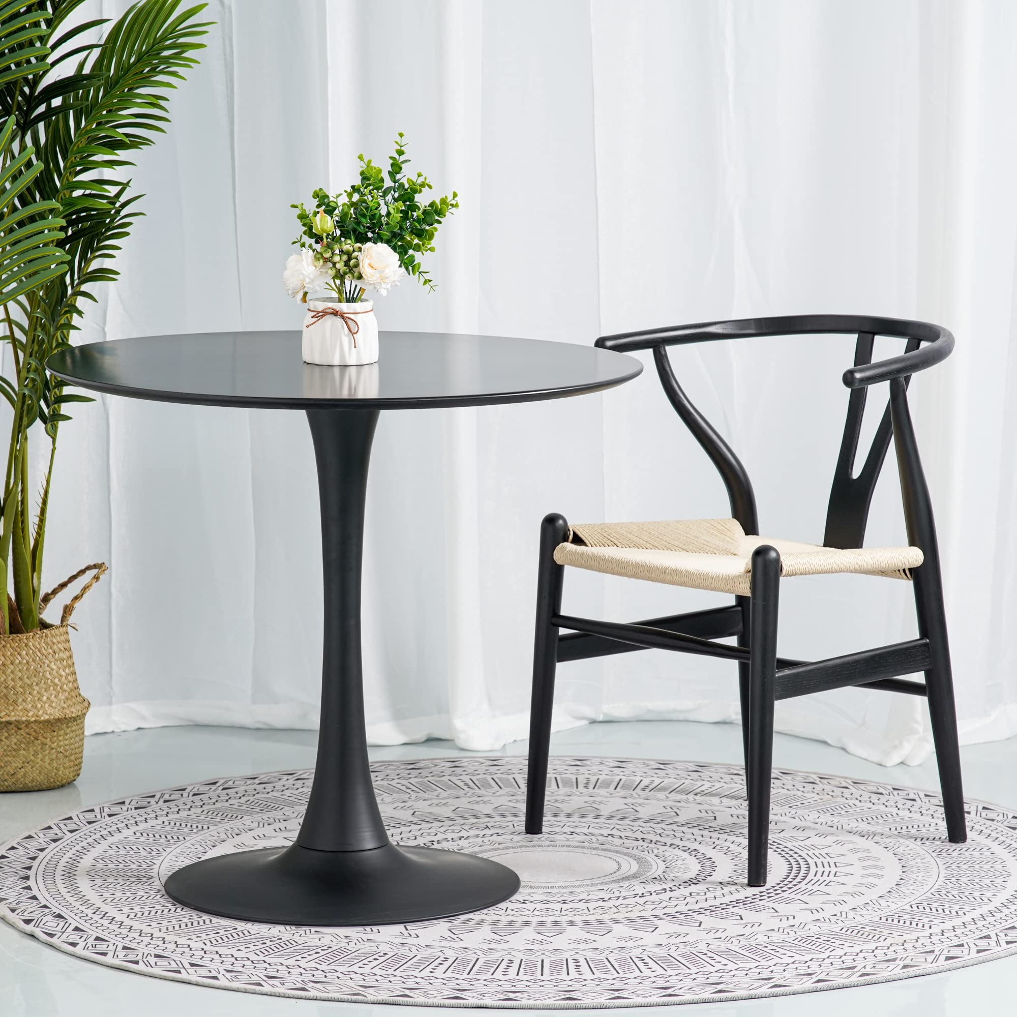 Tomile Solid Wood Wishbone Chair - Mid-Century Modern Y Chair with Armrests & Hemp Seat - Ash Black Frame & Natural Cord - Perfect for Dining Room, Kitchen, Home Office & Scandinavian Decor